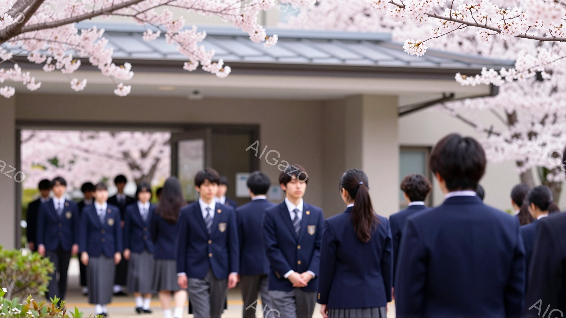 制服を着た学生たちが一列に並んで立っており、背景には桜が咲き誇っています。彼らは皆、背筋を伸ばして正面を向いており、何か儀式や式典に参加している様子が窺えます。柔らかな光と桜の花びらが、青春の輝きと少しの緊張感が入り混じった雰囲気を醸し出しています。
