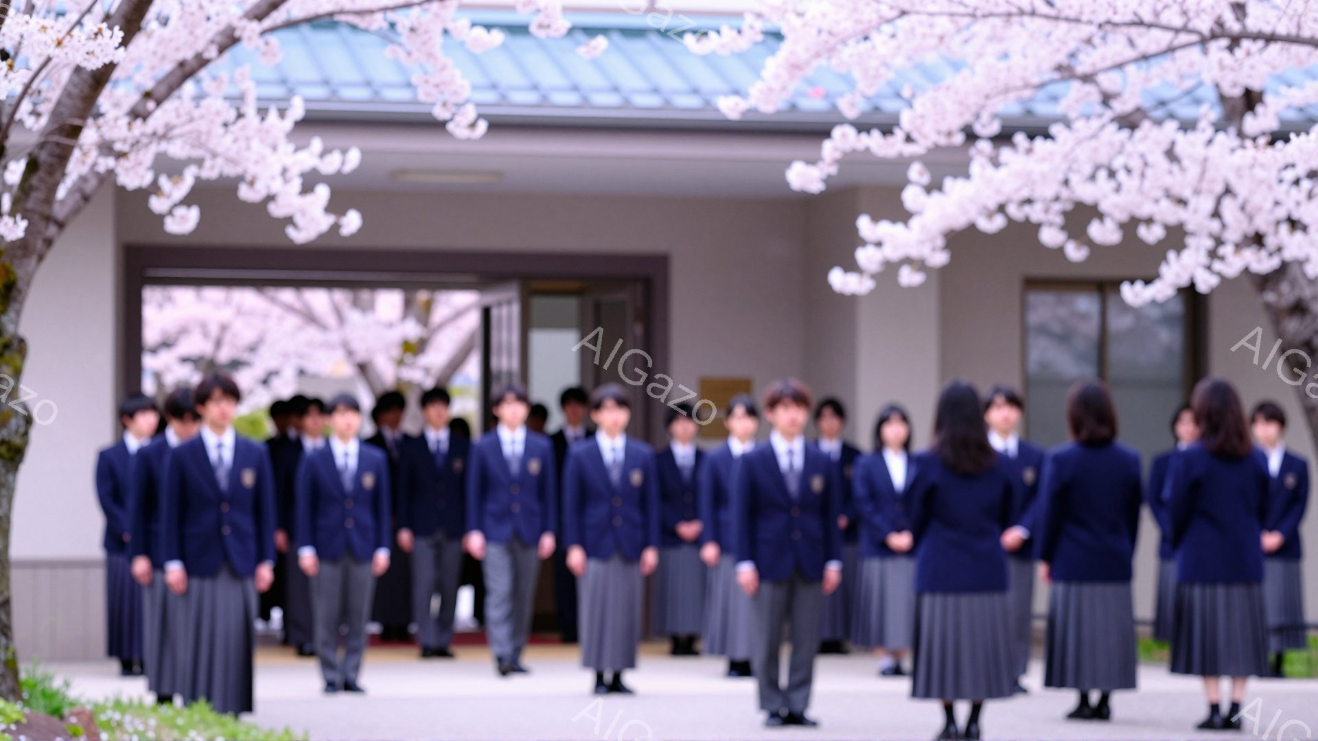 制服を着た学生たちが整列し、何かの式典に参加している様子がうかがえる。背景には桜が咲き誇り、春らしい華やかな雰囲気を醸し出している。学生たちは皆、真剣な表情で前を見つめている。