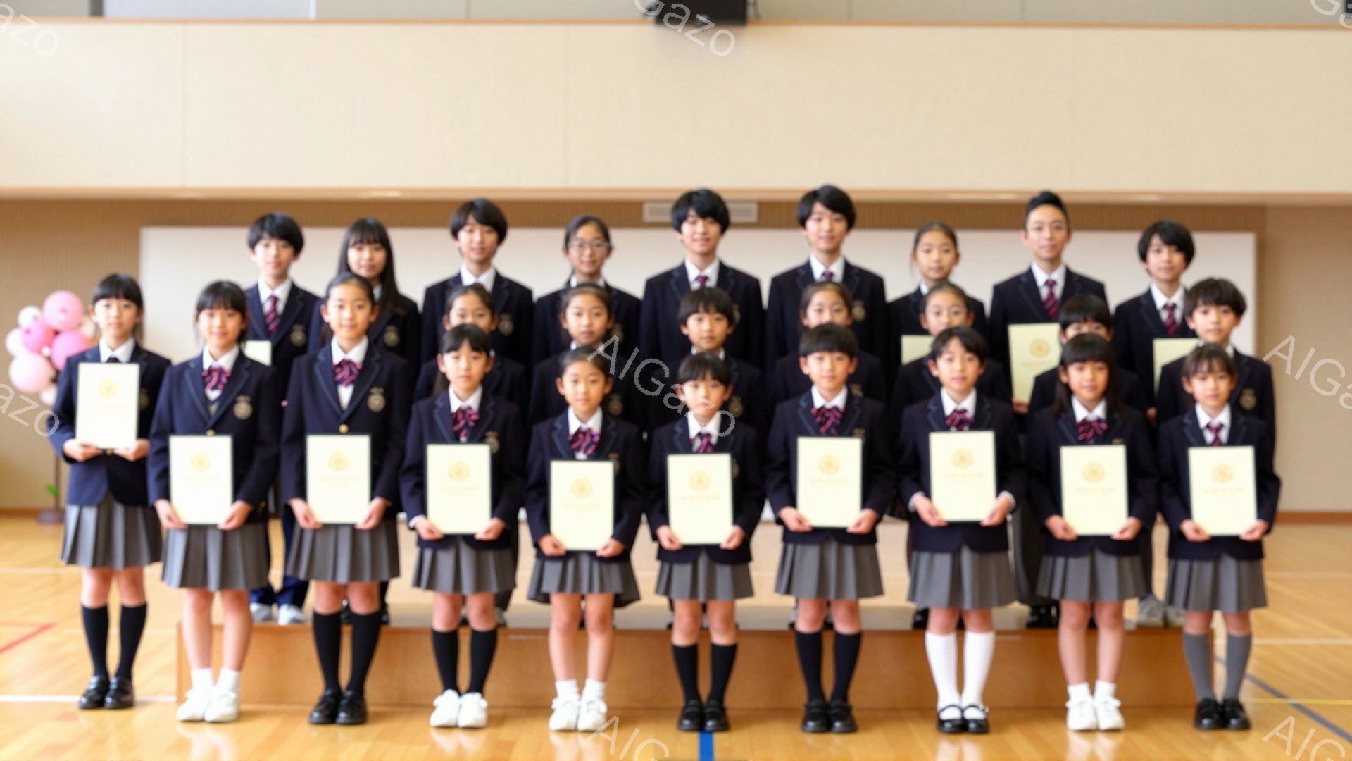 制服を着た小学生の児童たちが、賞状を持って一列に並んでいます。皆、黒髪で、整然とした姿勢でカメラに向かって微笑んでいます。背景には体育館の床が見え、明るく華やかな雰囲気です。