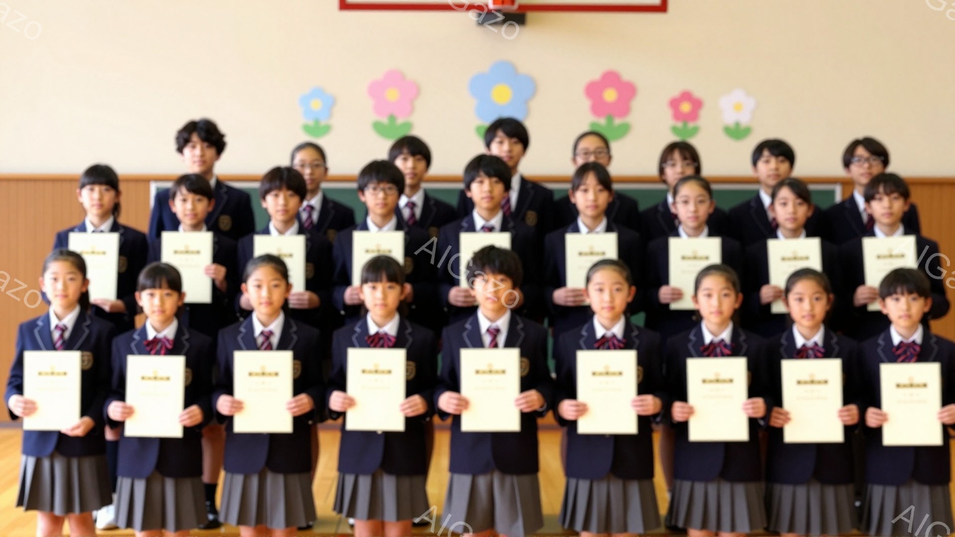 制服を着た小学生たちが一列に並んで、手に賞状を持っている。背景には花が描かれており、明るい雰囲気で、何らかの式典や行事の後に記念撮影をしている様子が伺える。皆、真剣で少し緊張した表情をしている。