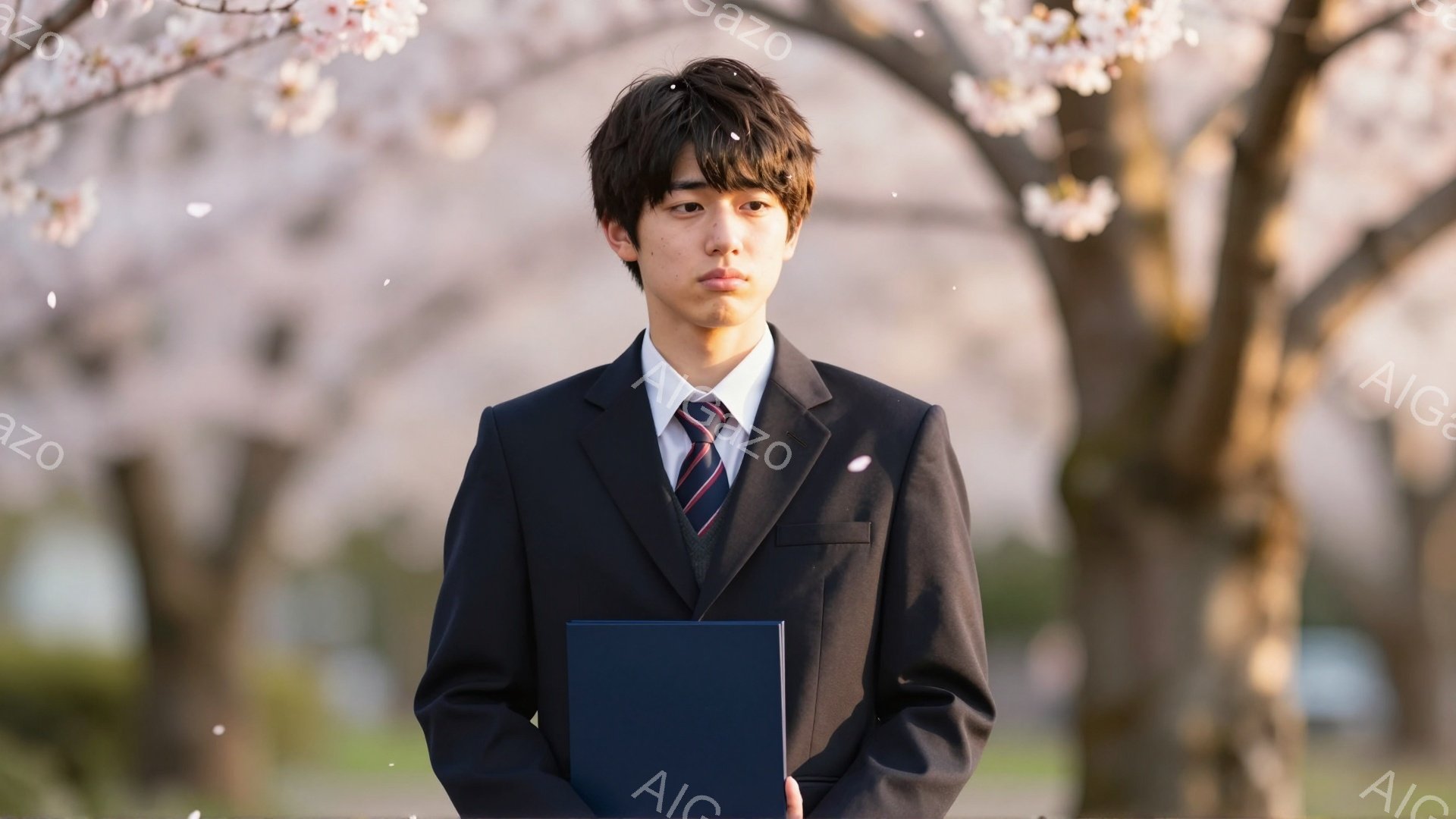 黒いスーツにネクタイを締め、書類を抱えた若い男性が立っている。桜の花びらが舞い散る背景には、ぼやけた木々が見える。彼の表情は少し憂いを帯びており、春の穏やかな雰囲気が漂う。