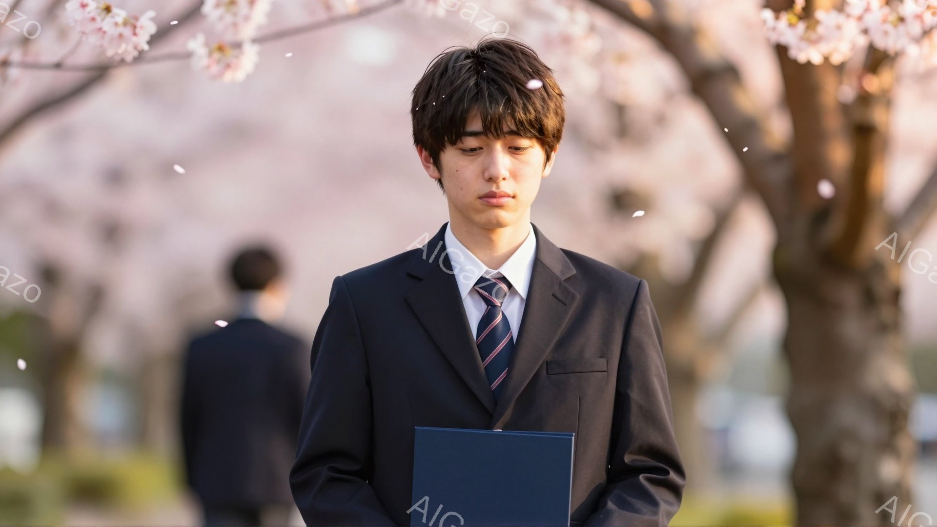 制服を着た男子学生が、桜並木の風景の中で何か考え込んでいる様子です。彼は紺色のジャケットとグレーのズボンを着用し、ネクタイは赤と青のストライプです。背景にはぼやけた人物と桜の花びらが舞い、少し憂いを帯びた春の雰囲気を醸し出しています。