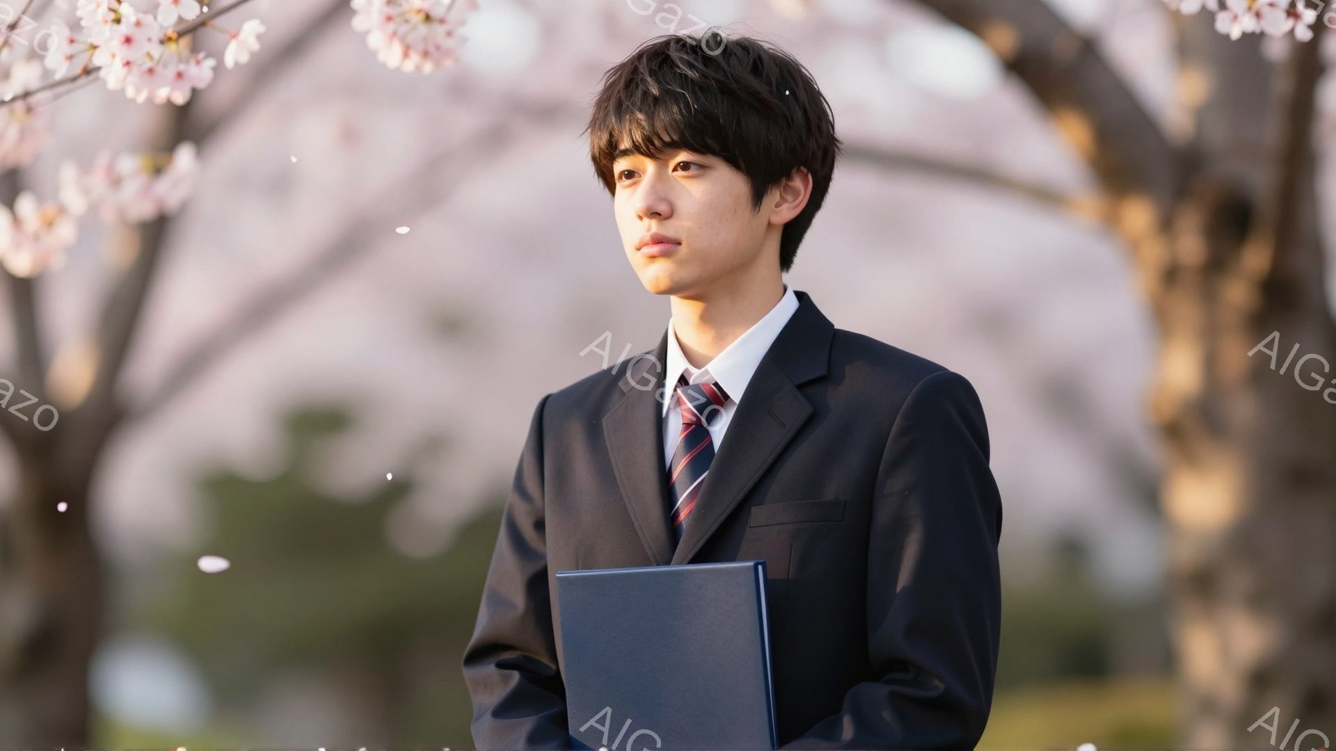 若い男性が紺色のスーツを着て、手に書類の入ったフォルダーを持っています。彼は少し緊張した表情で、桜並木の道を歩いているようです。背景にはぼやけた桜の花びらが舞い、春の穏やかな雰囲気を醸し出しています。