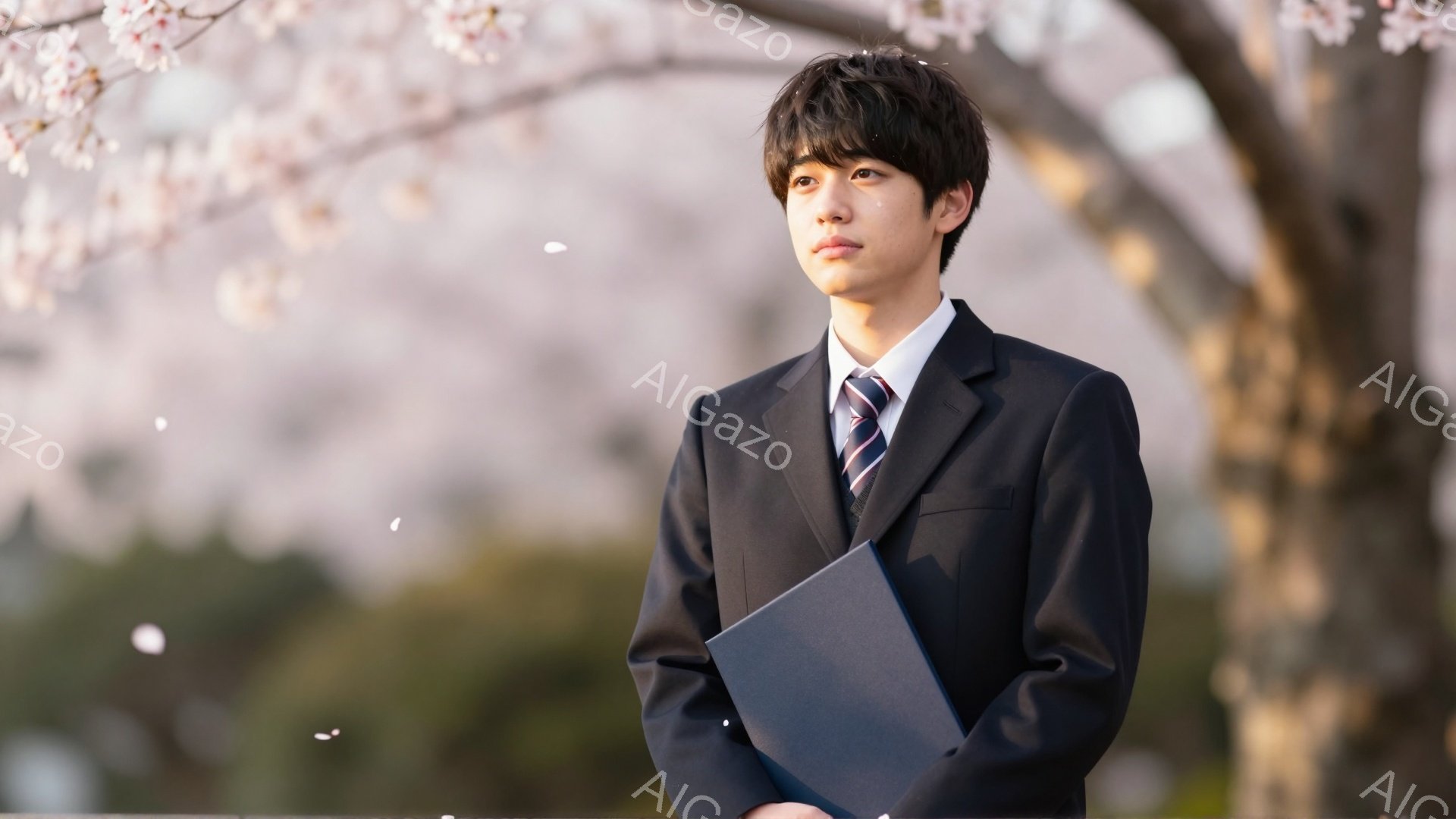 制服を着た若い男性が、桜並木の下で書類を抱えて立っている。彼は少し緊張した表情で、遠くを見つめている。背景にはぼやけた桜の花びらが舞い、春の穏やかな雰囲気が感じられる。