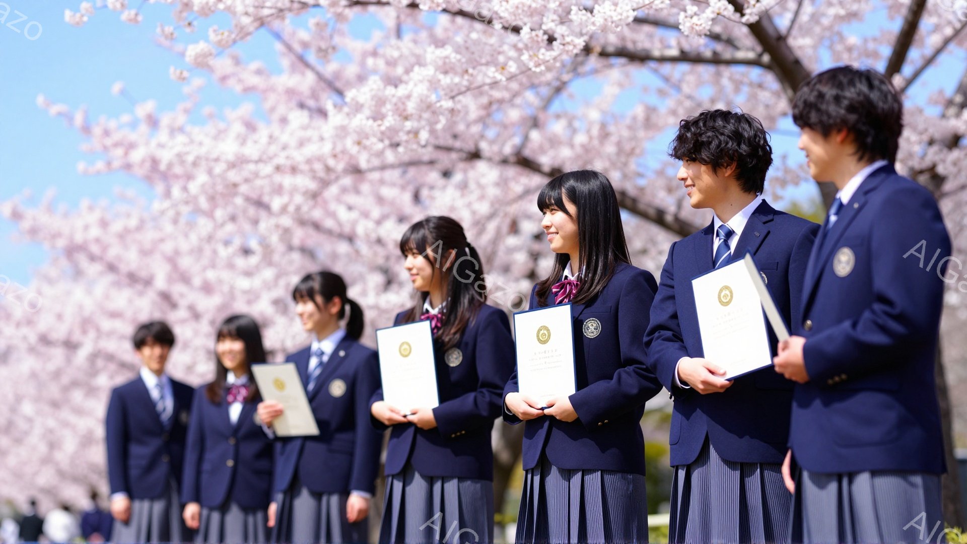 制服を着た学生たちが卒業証書を手に列をなして立っている。背景には桜が咲き誇り、春の暖かさと卒業の喜びを表現している。紺色のブレザーとチェック柄のスカートが学生たちの若々しさを引き立てている。