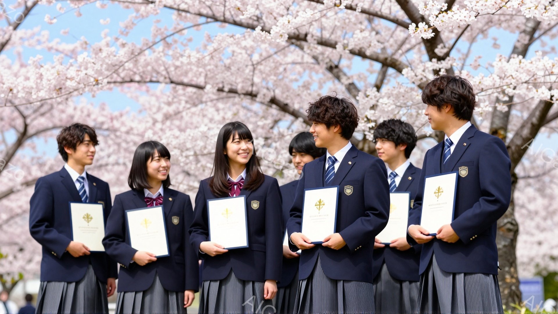 制服を着た学生たちが、卒業証書を持って並んでいます。背景には桜が咲き誇り、春の暖かさと希望に満ちた雰囲気が漂っています。彼らは皆、笑顔で未来への期待を抱いているようです。