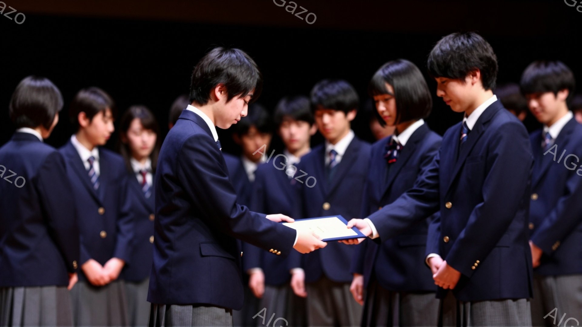 制服を着た男子生徒が表彰状を受け取っています。背景には同じ制服の女子生徒たちが整列しており、厳かで少し緊張した雰囲気が漂っています。照明は舞台照明で、フォーマルなイベントであることが分かります。