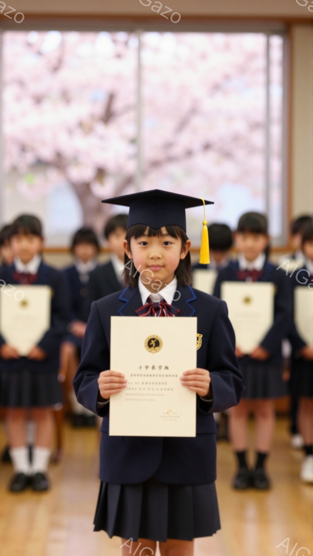 明るい室内で、卒業式と思われる式典が行われています。紺色の制服に卒業帽子をかぶり、卒業証書を持つ少女が中央に立っています。周りには同じ制服を着た子供たちが並び、皆かしこまった表情で立っています。