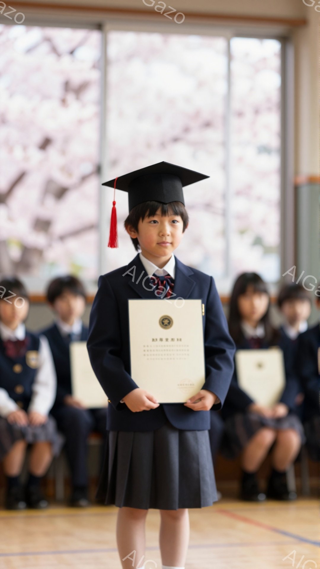 明るい室内で、卒業式と思われる式典に少女が参加している。紺色の制服に卒業帽子をかぶり、賞状を手に嬉しそうに立っている。背景には他の生徒たちが座っており、全体的に温かく、希望に満ちた雰囲気が感じられる。