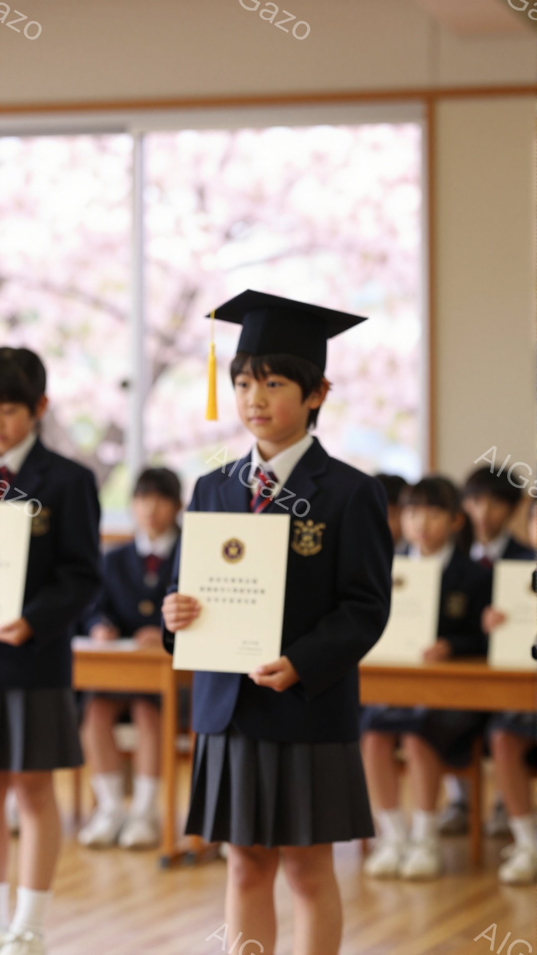 黒い制服と卒業帽子を身につけた少女が、卒業証書を手に立っている。背景には他の生徒たちが同じように整列しており、窓から見える桜が春の雰囲気を演出している。彼女の表情は少し緊張しているようにも見えるが、誇 - AI生成フリー素材