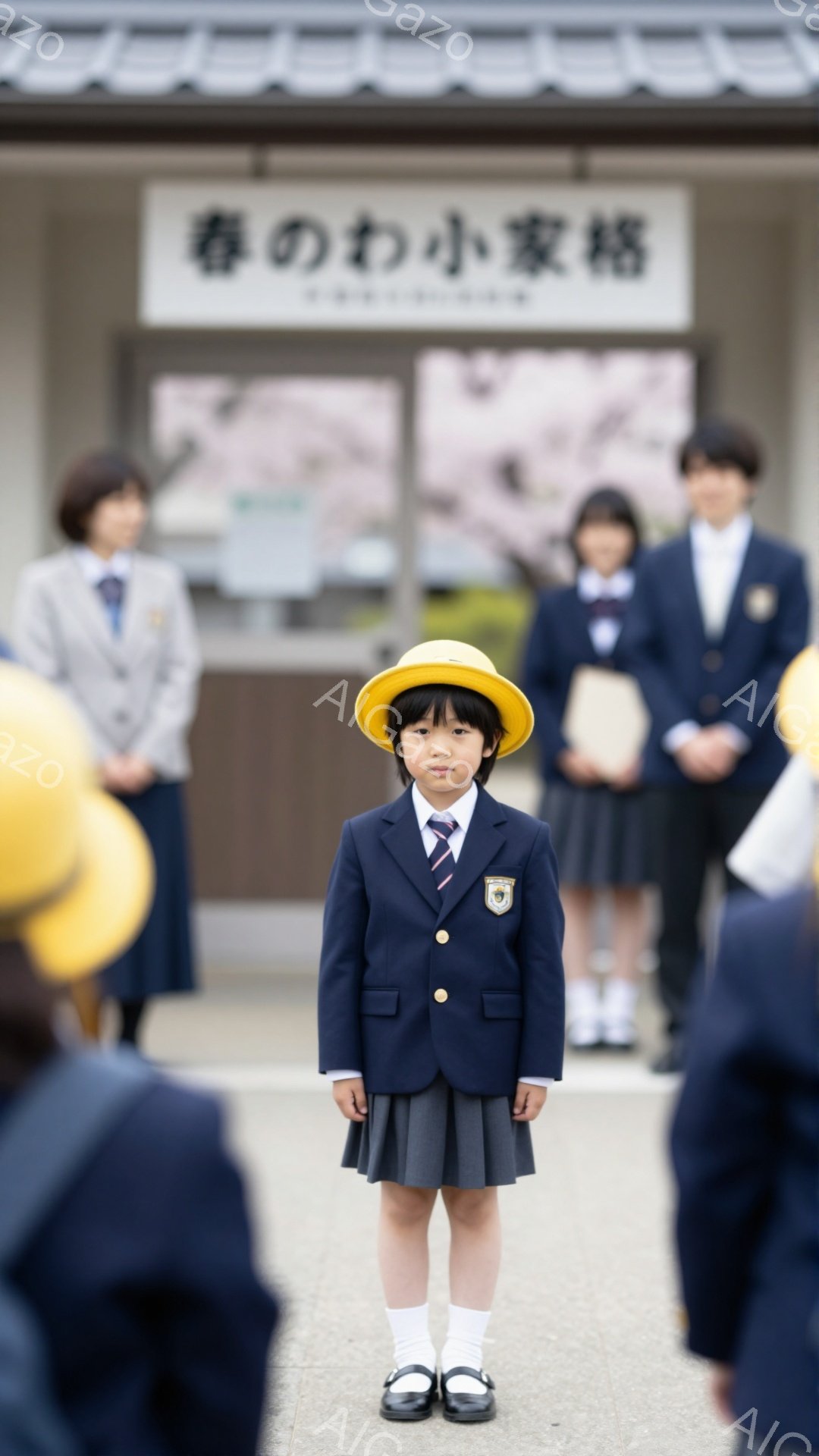 制服を着た幼い少女が、学校の前で少し緊張した表情で立っている。周囲には同じように制服を着た生徒たちがおり、入学式または卒業式のような特別なイベントの様子が伺える。背景には校舎があり、春らしい柔らかな光が全体を包んでいる。