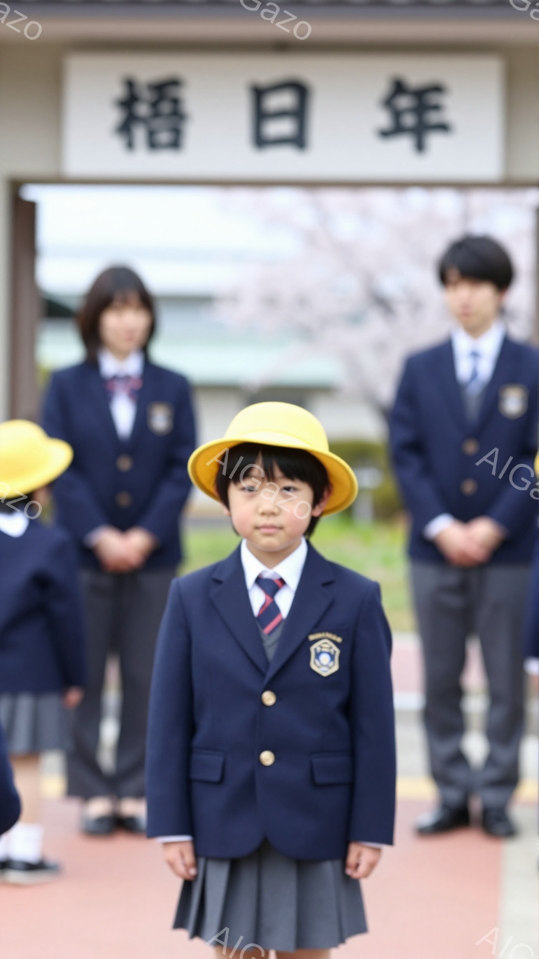 制服を着た小学生の女の子が、入り口の前で正面を見据えています。紺色のブレザーに黄色の帽子、赤いネクタイが印象的です。背景には他の生徒たちが並び、入学式のような雰囲気です。