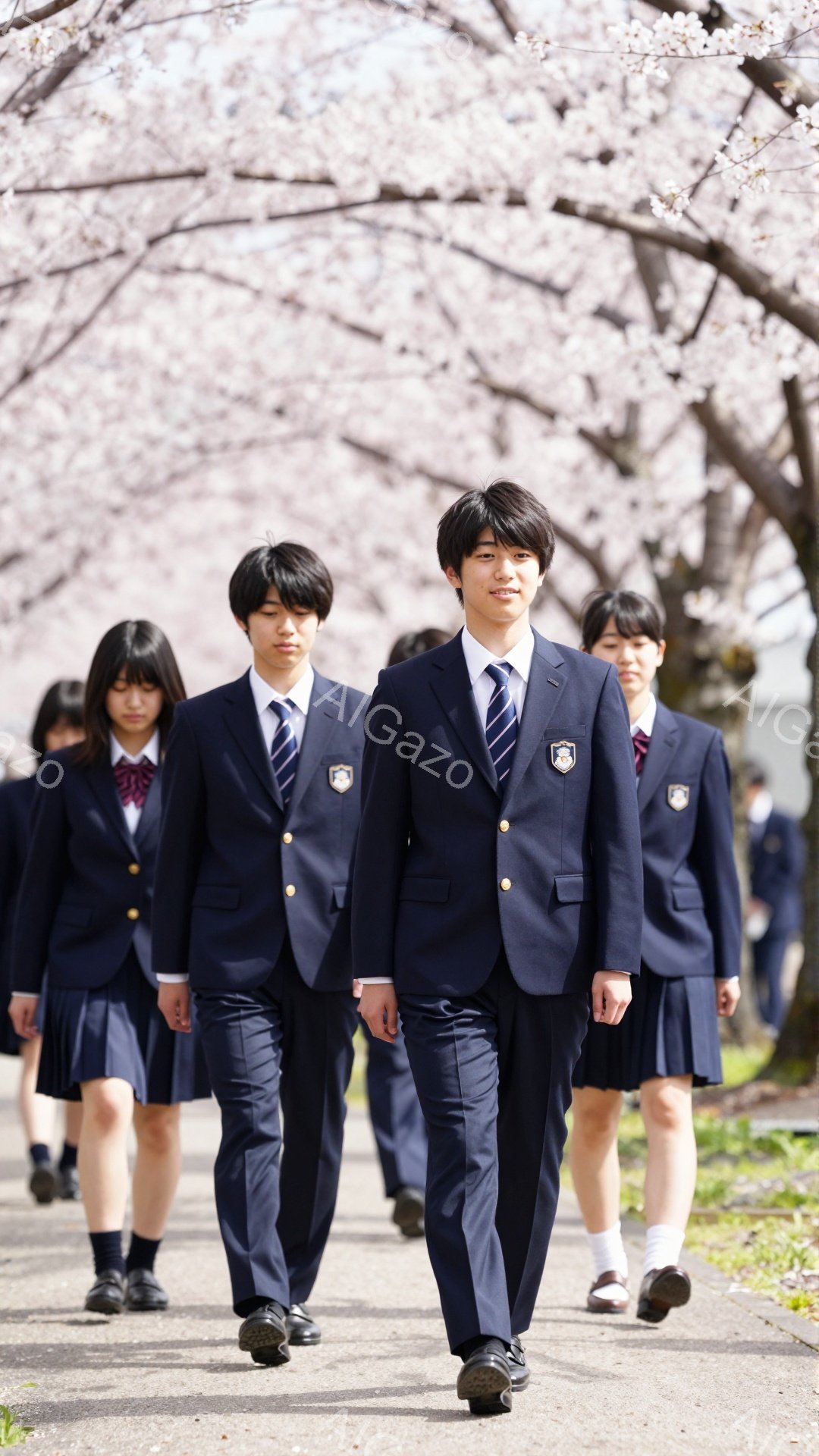 制服を着た男子生徒と女子生徒たちが桜並木の中を歩いている。男子生徒はカメラ目線で少し微笑んでおり、女子生徒たちは前を見ている。春の暖かな日差しが桜の花びらと共に、希望に満ちた雰囲気を醸し出している。