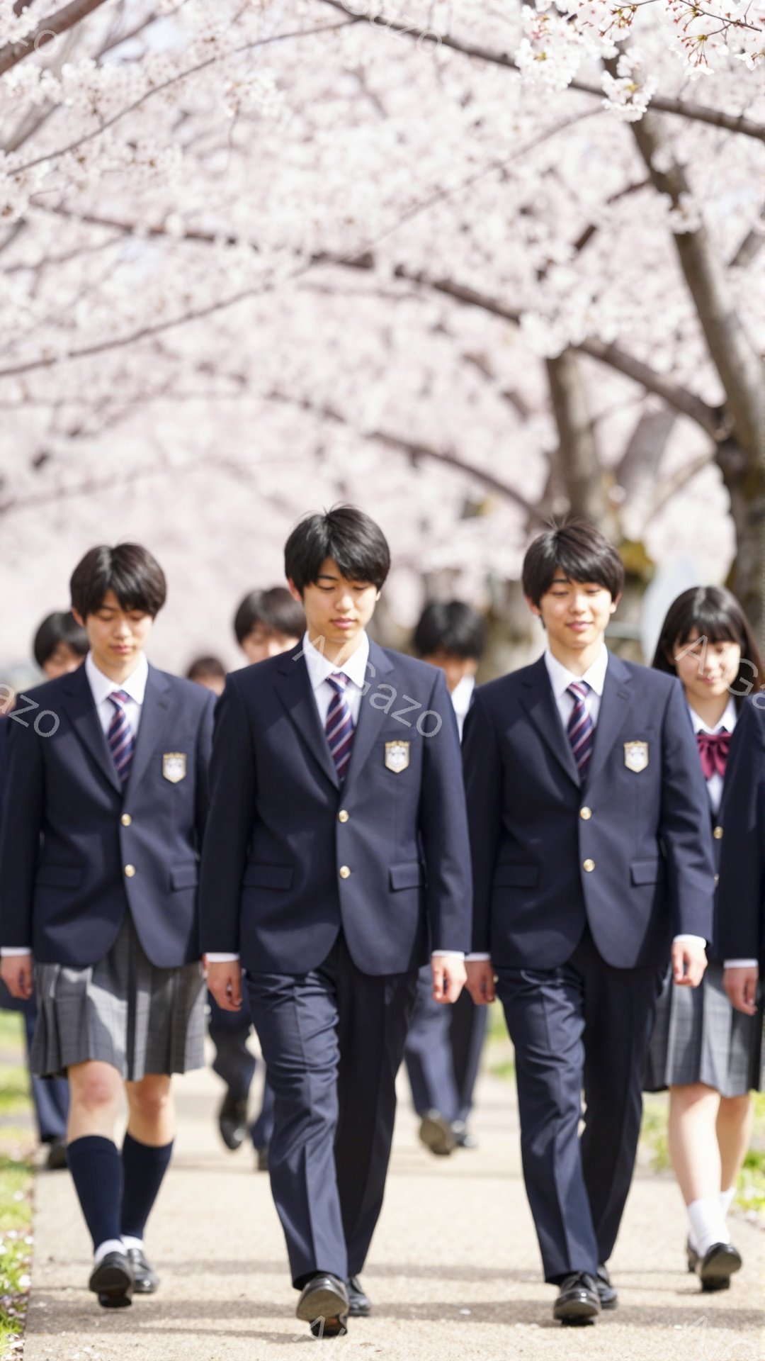 制服を着た学生たちが並んで歩いている。彼らは皆、紺色のブレザーにグレーのスカート、またはズボンを履いており、ネクタイの色も様々である。背景には桜の木が咲き誇り、春らしい柔らかな光が差し込んでいる。