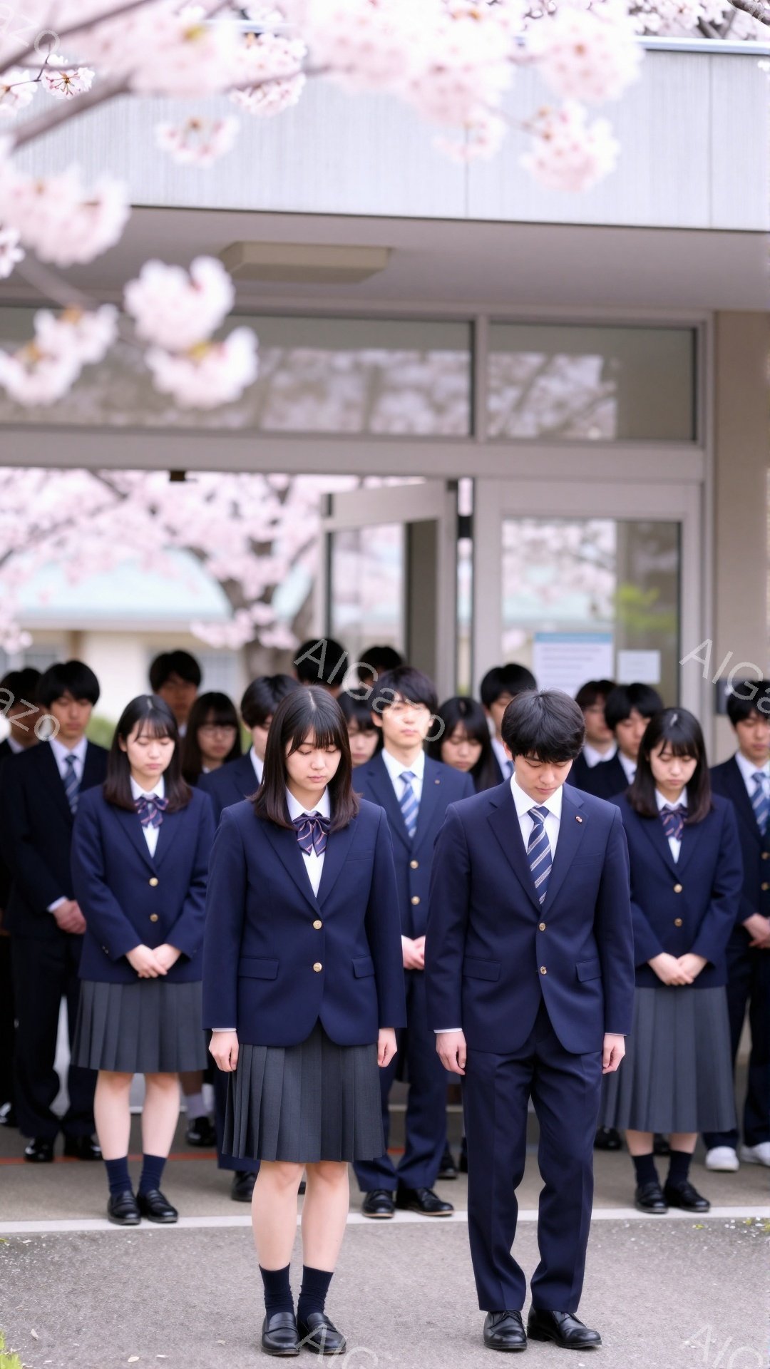 制服を着た学生たちが一列に並んで歩いている。背景には桜が咲き誇り、新学期や卒業式のような特別な日を連想させる。生徒たちは真剣な表情で、少し緊張している様子がうかがえる。