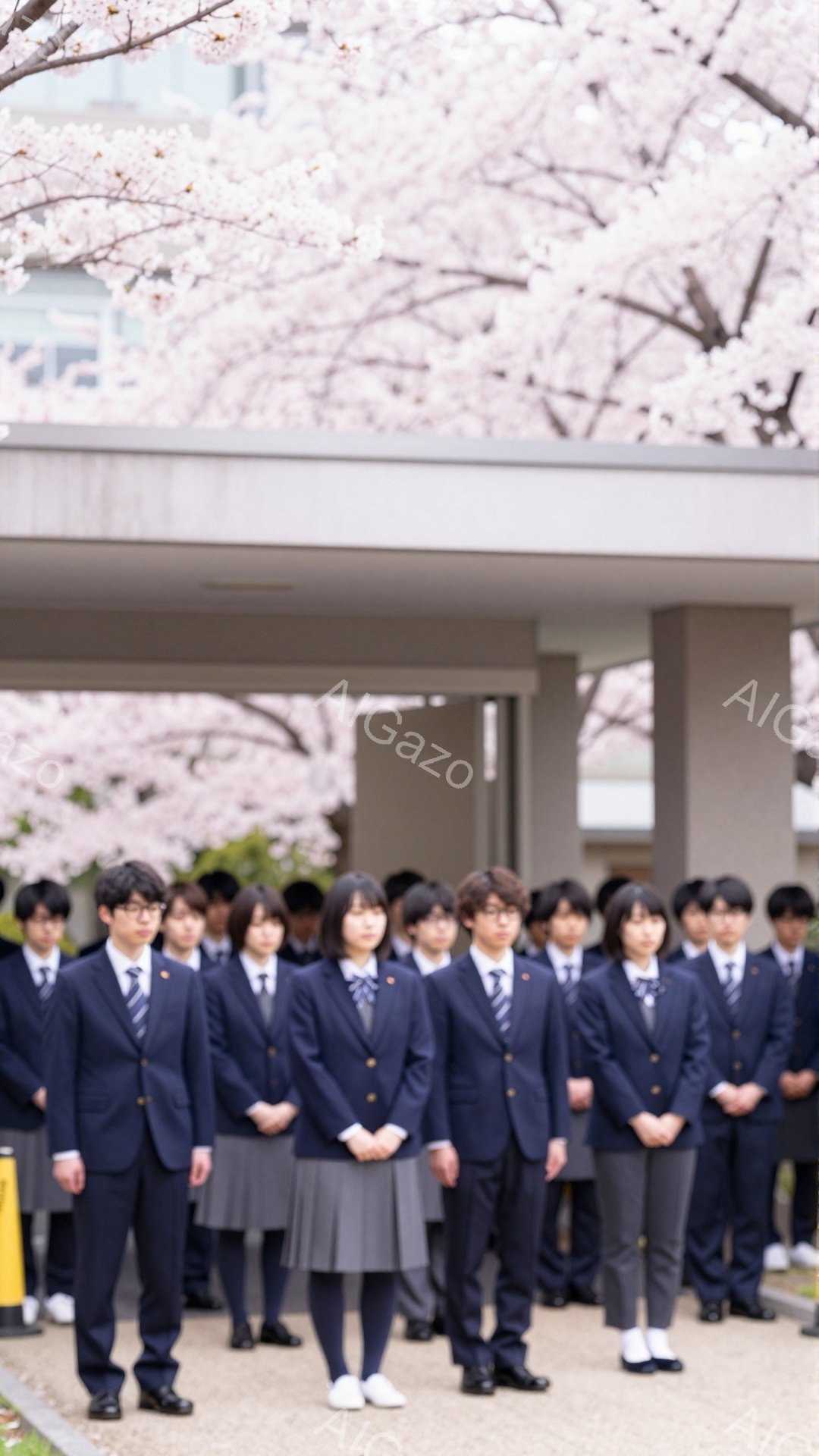 制服を着た学生たちが一列に並んで立っている。背景には桜の木があり、満開の桜が彼らを彩っている。彼らは皆、真剣な表情で何かを待ち望んでいるようだ。