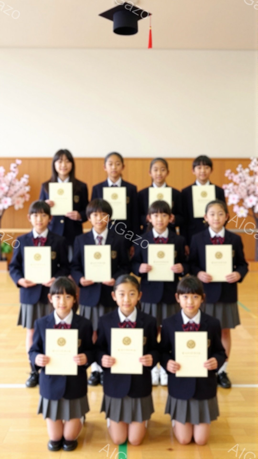 制服を着た少女たちが、卒業証書を手に笑顔で並んでいます。背景には桜が飾られており、卒業式のような晴れやかな雰囲気が伝わってきます。整列された姿から、達成感と希望に満ちた様子がうかがえます。