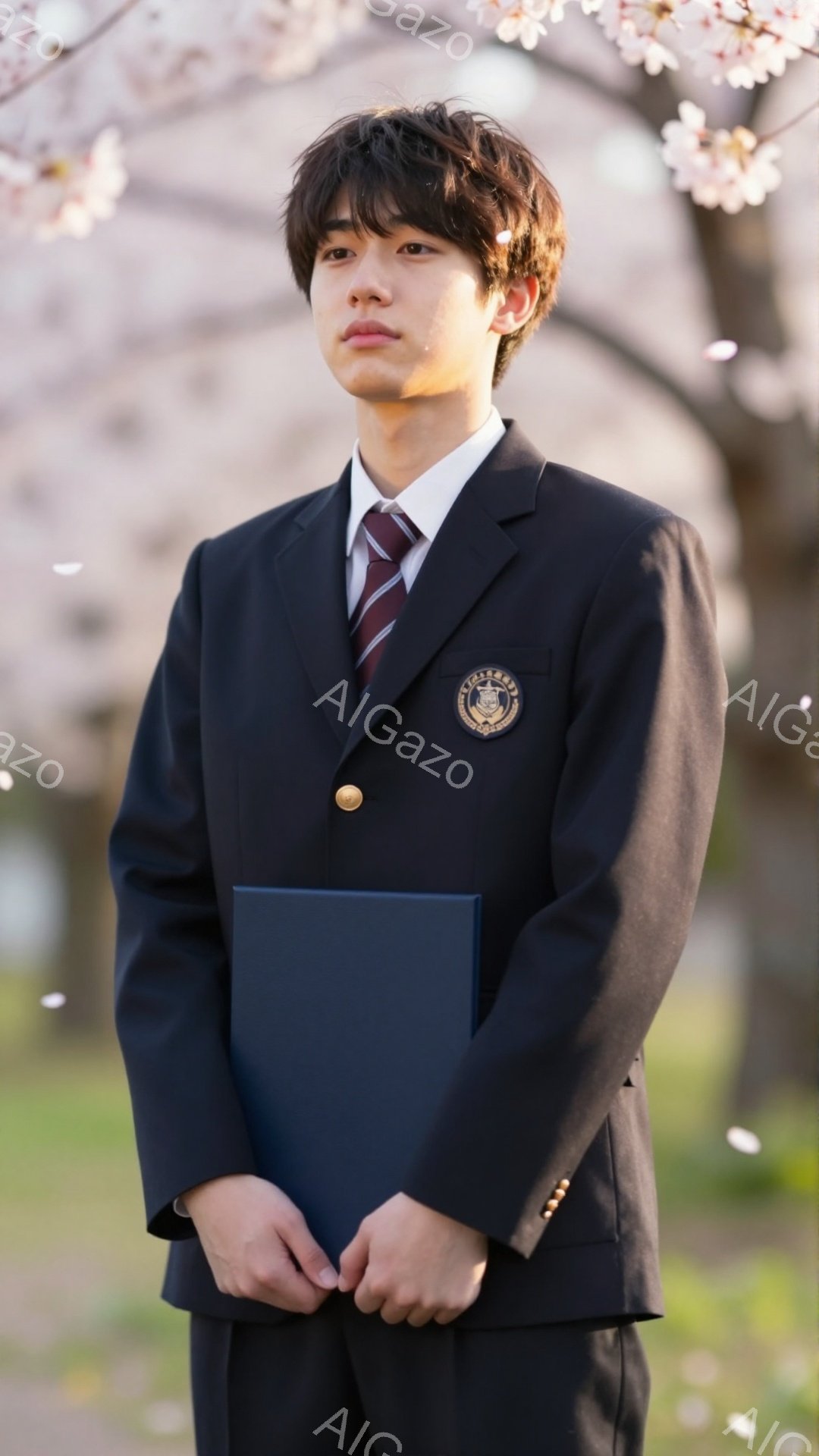 制服を着た男子高校生が、桜並木の下で立っている。彼は紺色のブレザーに赤いネクタイを締め、手に青いファイルを抱えている。少し憂いを含んだ表情で、どこか遠くを見つめている。