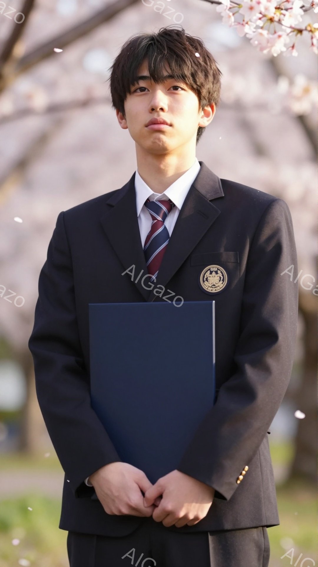 制服を着た男子学生が、桜並木の風景の中で立っている。彼は紺色のジャケットに赤いネクタイ、白いシャツ姿で、手に青いファイルを抱えている。穏やかな表情で、春の暖かさと少しの緊張感が感じられる。 - AI生成フリー素材