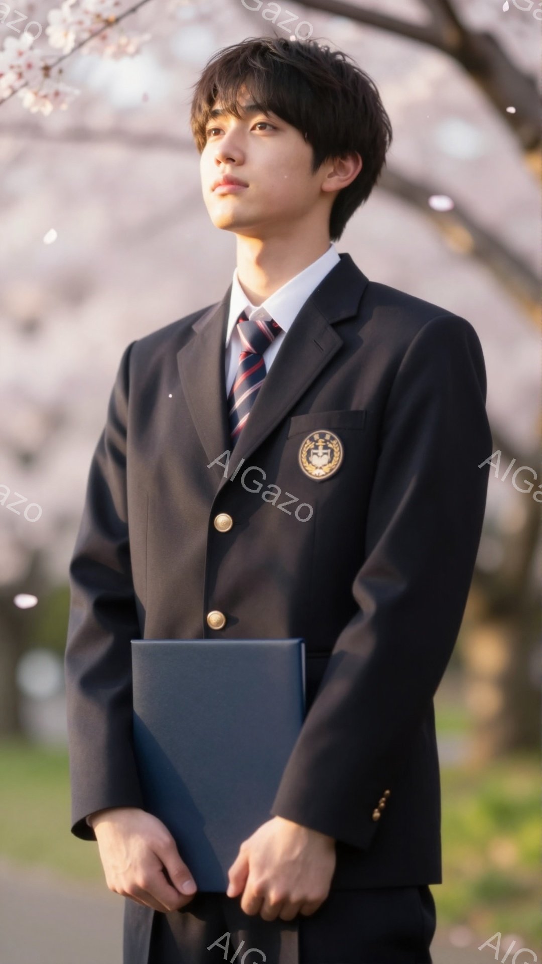 制服を着た若い男性が、手には青いファイルを持って立っている。背景には桜が咲き誇り、春の訪れを感じさせる。彼の表情は少し物憂げで、どこか遠くを見つめているようだ。