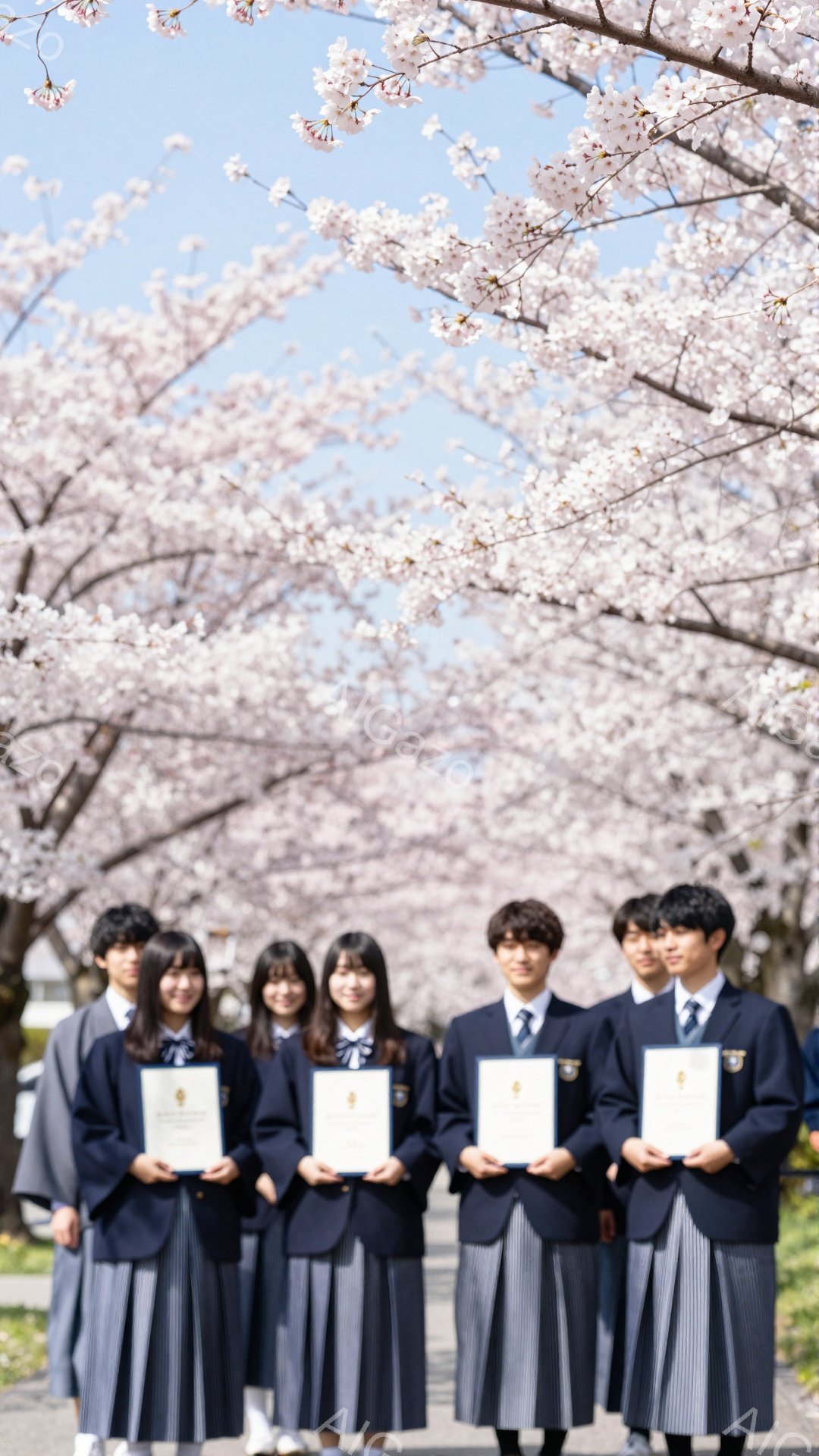 制服姿の男子生徒と女子生徒が並んで立っており、手に卒業証書を持っている。背景には満開の桜が咲き誇り、春の暖かい雰囲気を醸し出している。生徒たちは少し緊張した表情で、新しい門出を迎える様子が伺える。