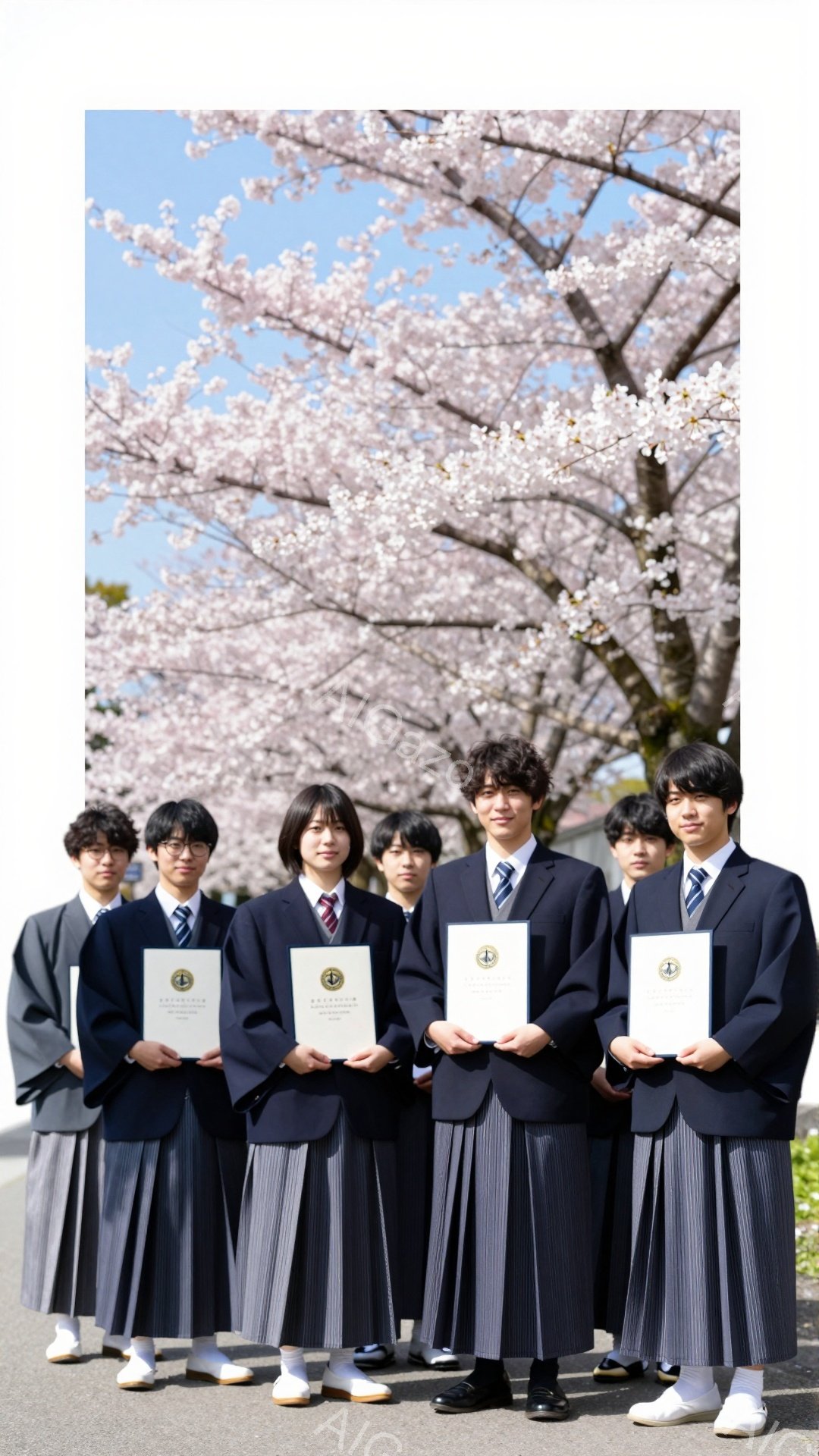 制服を着た男子生徒たちが並んで立っており、手に卒業証書を持っている。背景には桜が咲き誇り、春の暖かく穏やかな雰囲気が伝わってくる。皆、整列しており、期待と少しの緊張が感じられる表情をしている。