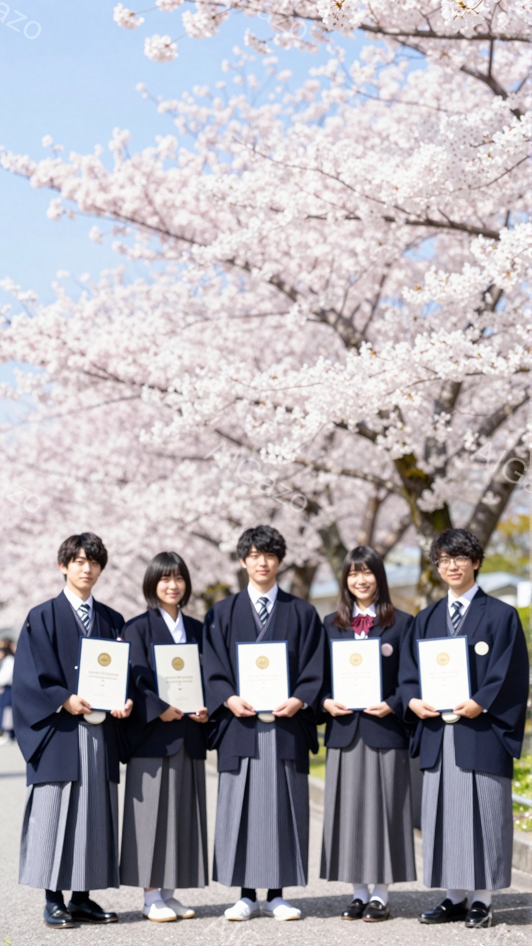 卒業式と思われる学生たちが、桜並木の道を一列に並んで立っている。紺色の制服に身を包み、卒業証書を手に笑顔を見せている。背景には満開の桜が咲き誇り、華やかで明るい雰囲気を醸し出している。