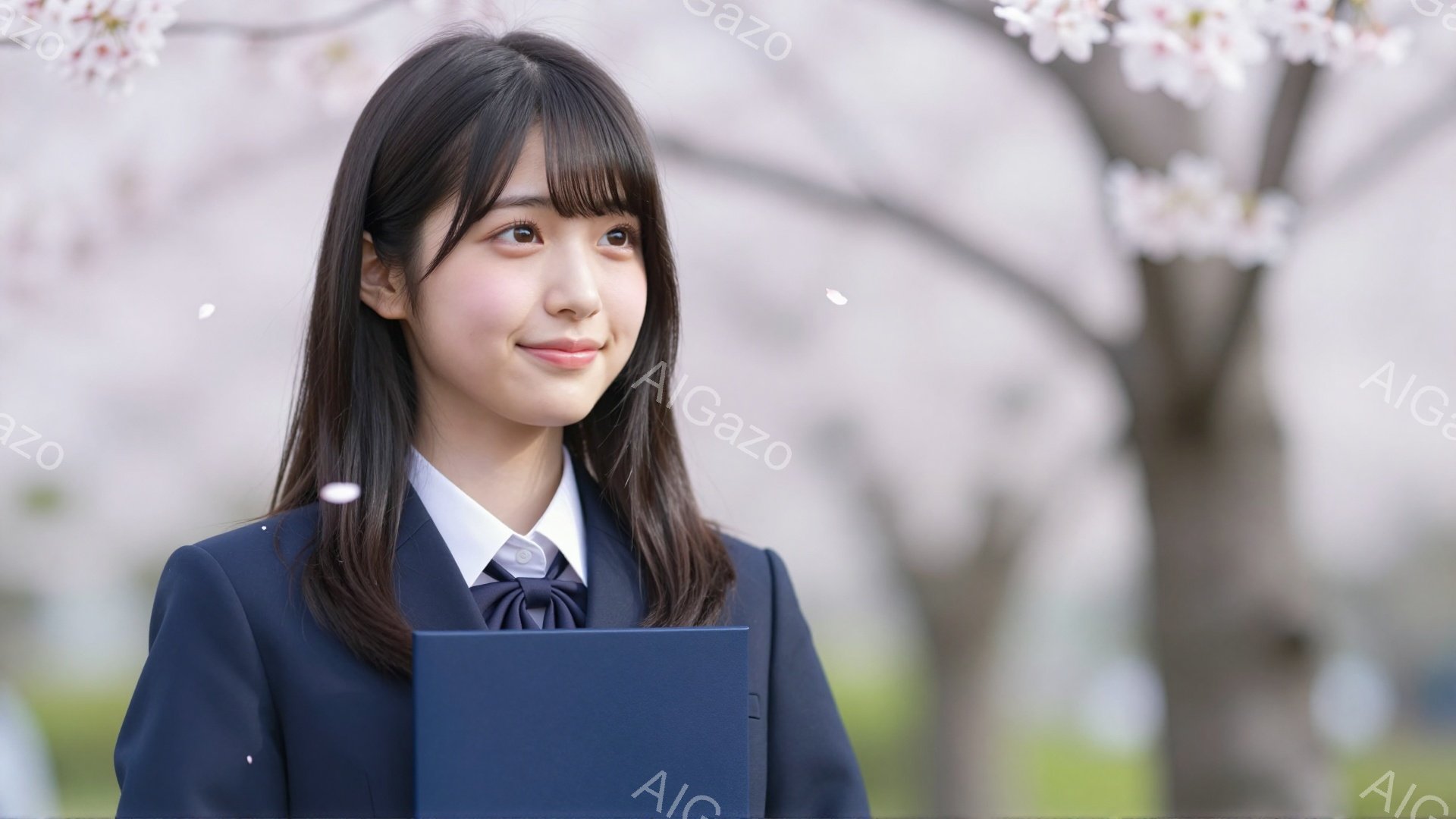 制服を着た若い女性が、桜並木の下で前を見つめている。彼女は紺色のブレザーと白いシャツを着ており、表情は明るく、少し微笑んでいる。背景にはぼんやりと桜の花びらが舞っているのが見える。
