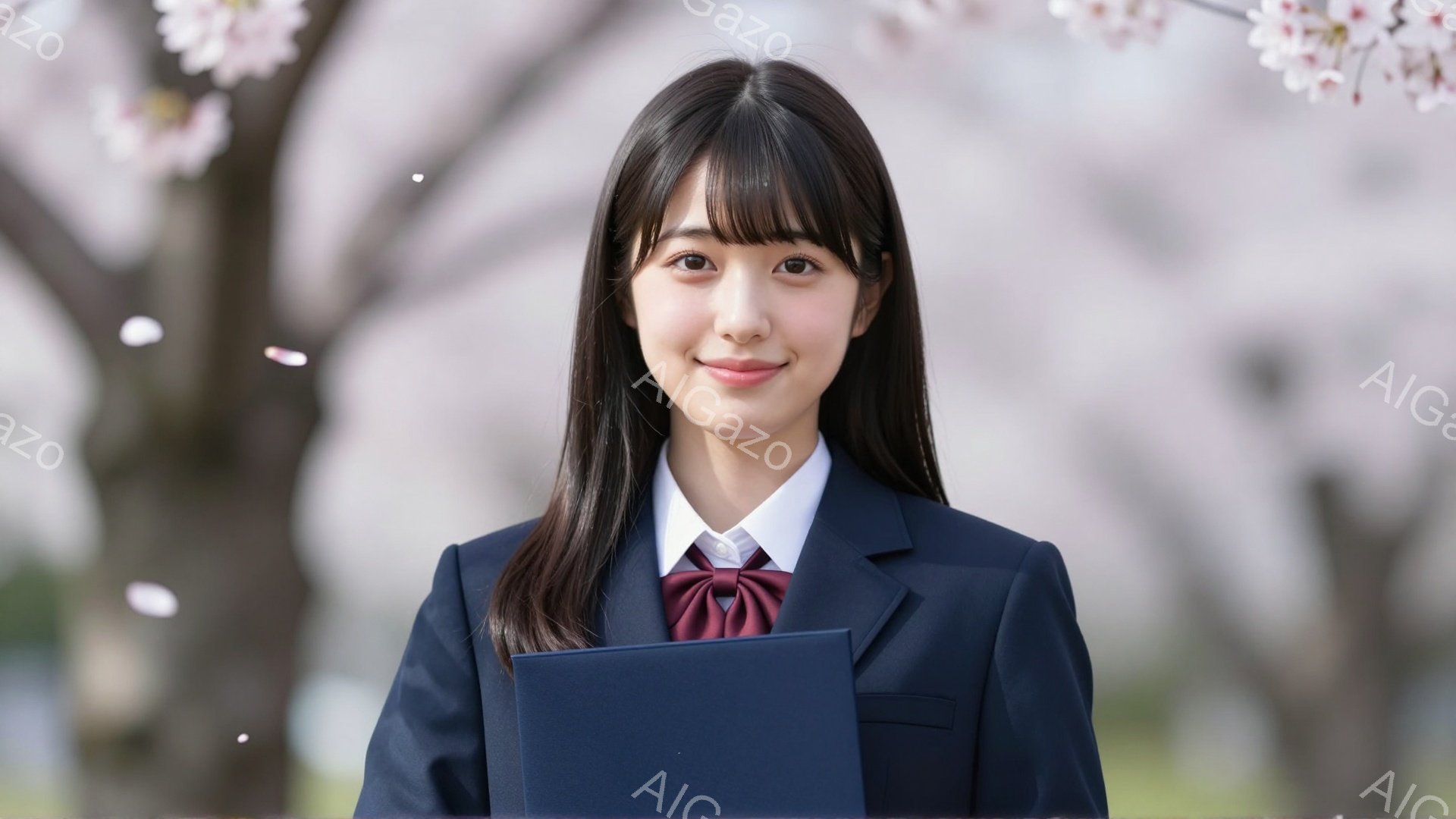 明るい笑顔でカメラを見つめる女子高生。紺色のブレザーに赤いネクタイ、白いシャツを着て、手には学校の教科書を持っている。背景には桜が咲き誇り、春の暖かく穏やかな雰囲気が漂っている。 - AI生成フリー素材