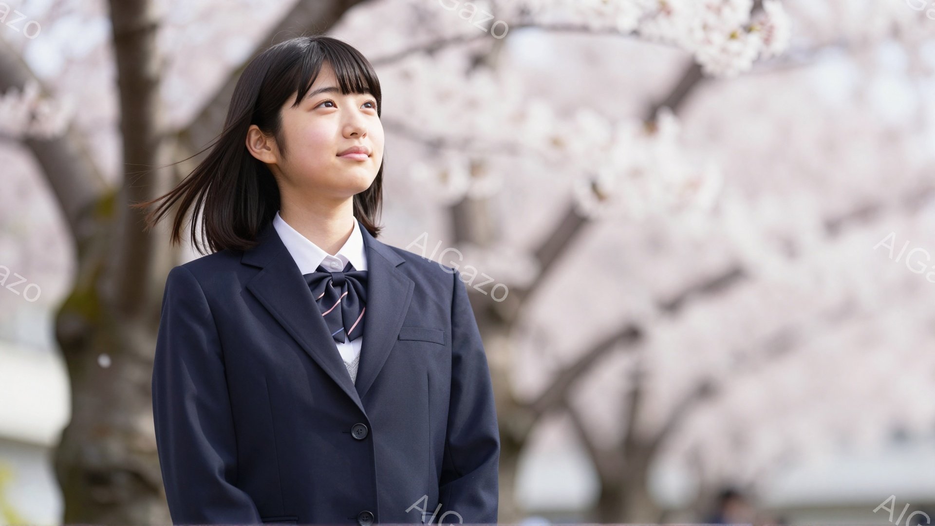 制服を着た女子学生が、桜並木の下で空を見上げている。彼女は黒髪で、前髪は少し長めだ。背景にはぼやけた桜の花びらが舞い、春らしい穏やかな雰囲気が漂っている。