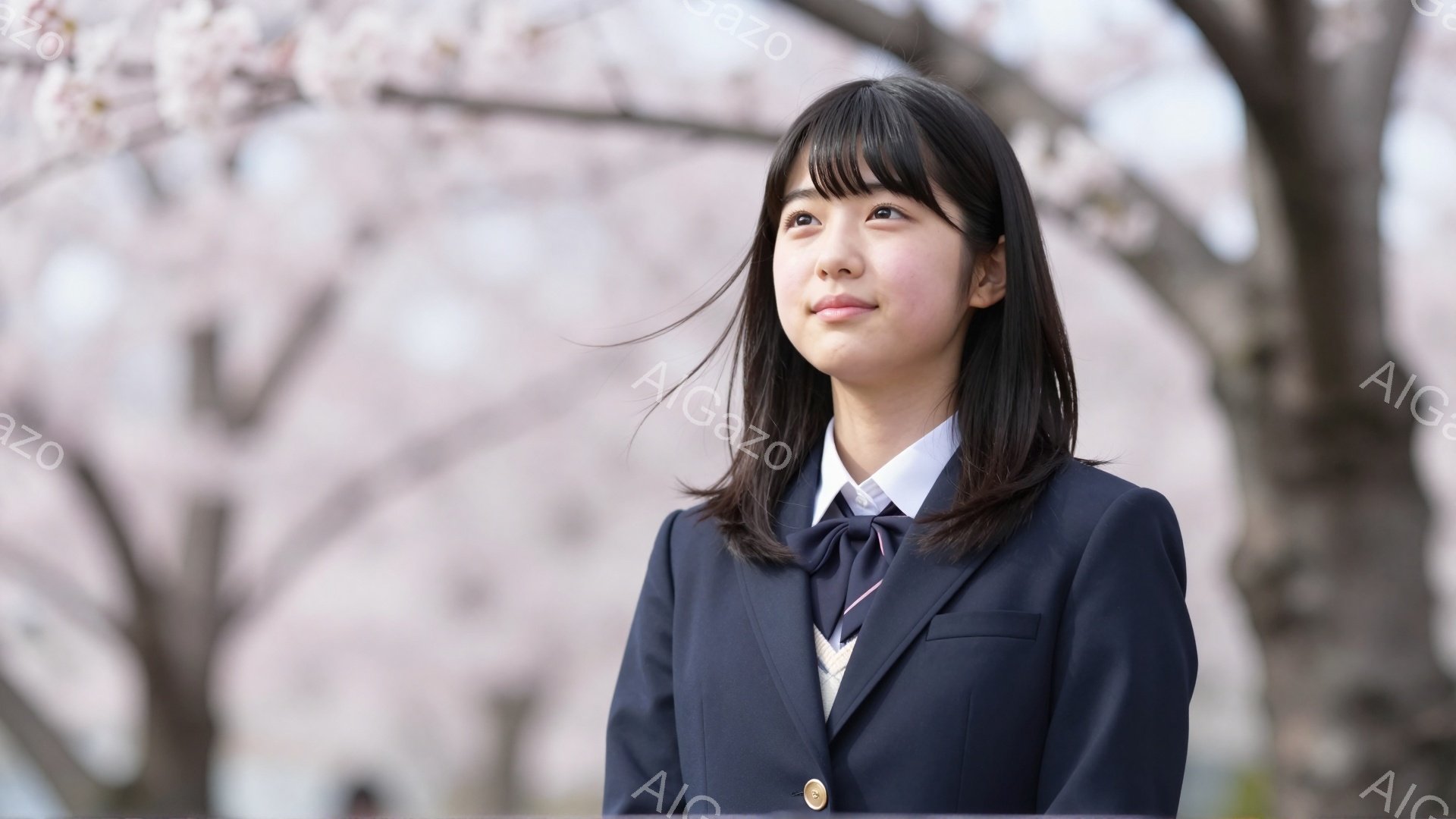 制服を着た若い女性が、桜並木の下で少し上を見ている。彼女は長い黒髪で、前髪は眉毛にかかっている。背景にはぼやけた桜の花が咲き乱れ、春の穏やかな雰囲気が漂う。