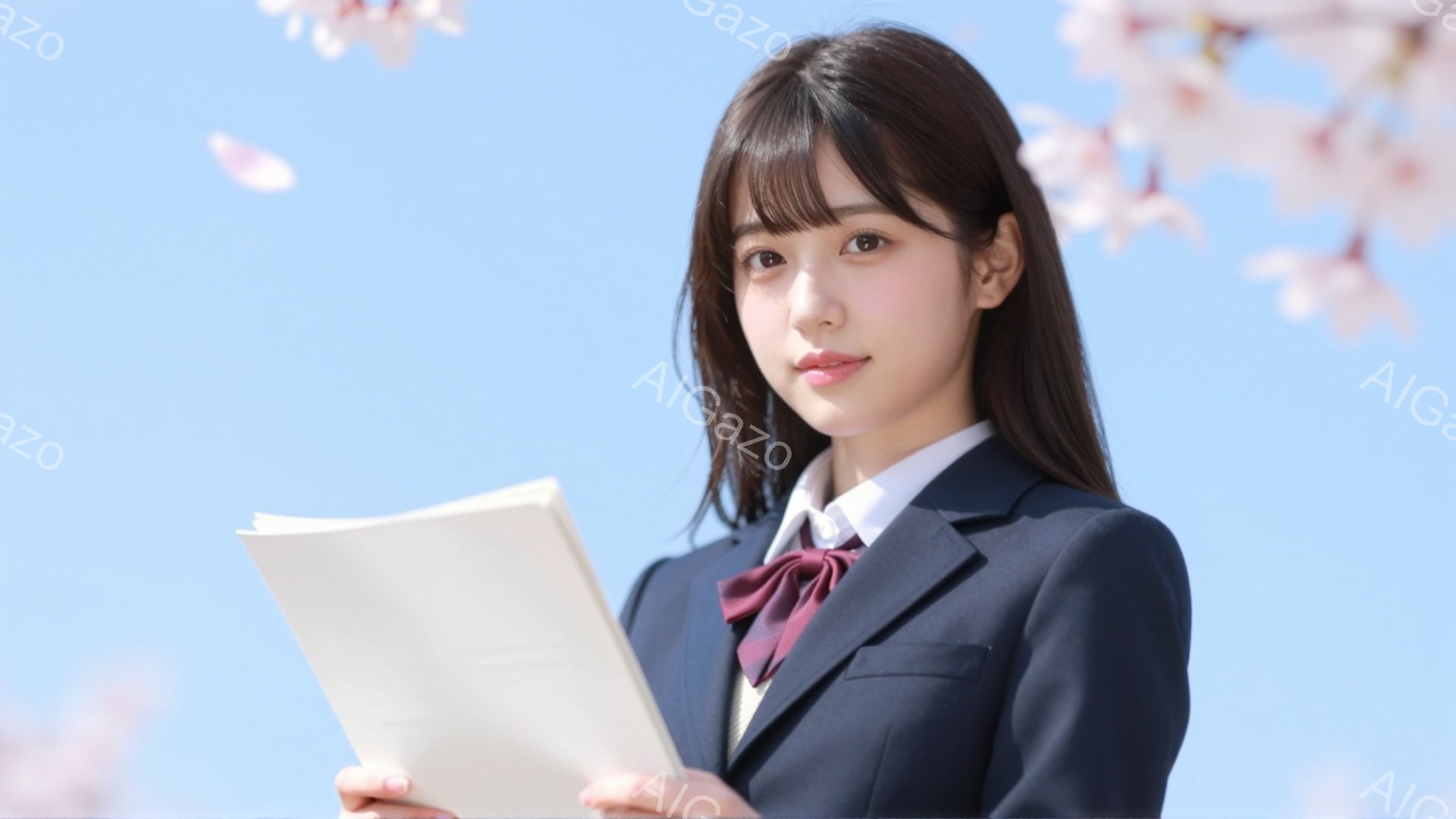 制服を着た若い女性が、桜の花びらが舞う中で書類を見つめています。彼女は長い黒髪で、少し微笑んだ表情を浮かべており、背景には青空が広がっています。春の暖かく穏やかな雰囲気が感じられます。