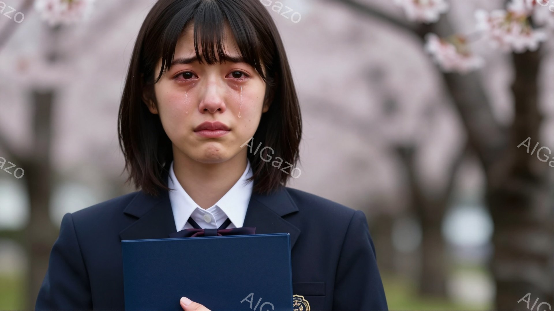 制服を着た若い女性が目に涙を浮かべて立っています。彼女は手で青い書類のようなものを握りしめており、背景には桜が咲き乱れています。その表情は悲しみや苦しみを表しており、卒業式のような場面が連想されます。