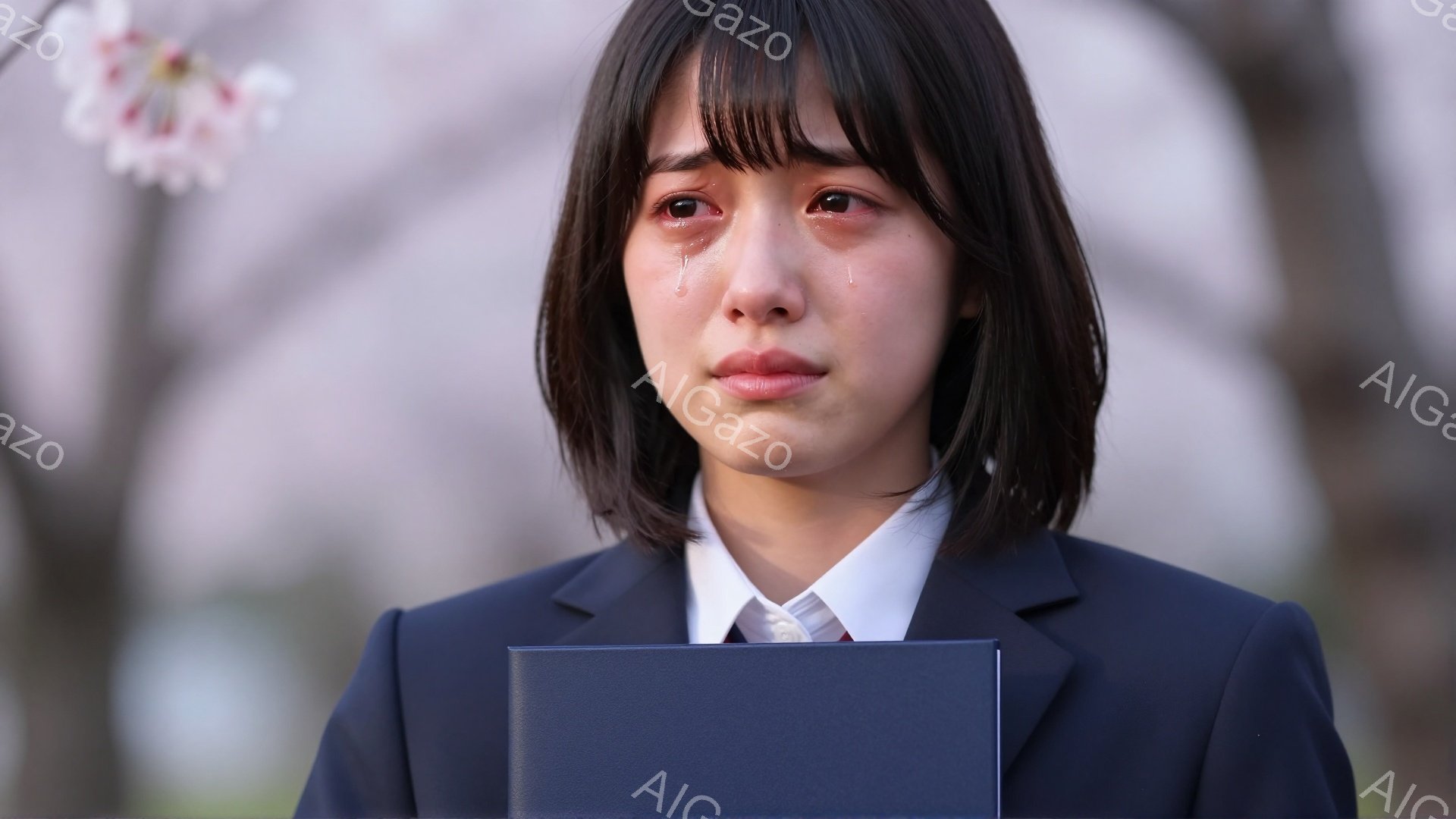 制服を着た若い女性が涙を浮かべながら立っています。彼女は左手に何かを握りしめており、背景には桜の花が咲く木々が見えます。彼女の表情は悲しみと寂しさを物語っています。