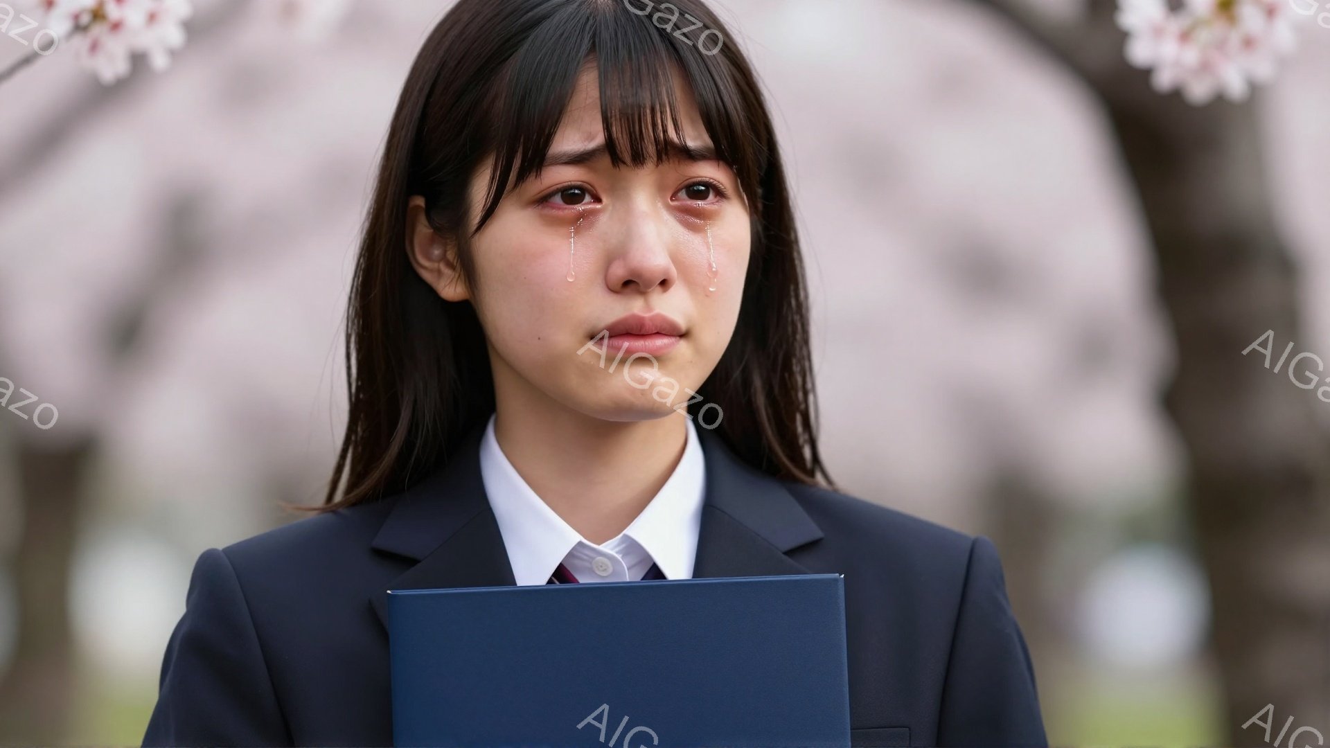 制服を着た女子学生が涙を浮かべて立っている。背景には桜が咲き誇り、卒業式のような雰囲気を感じさせる。彼女は何か悲しいことや達成感のある出来事があったのかもしれない。