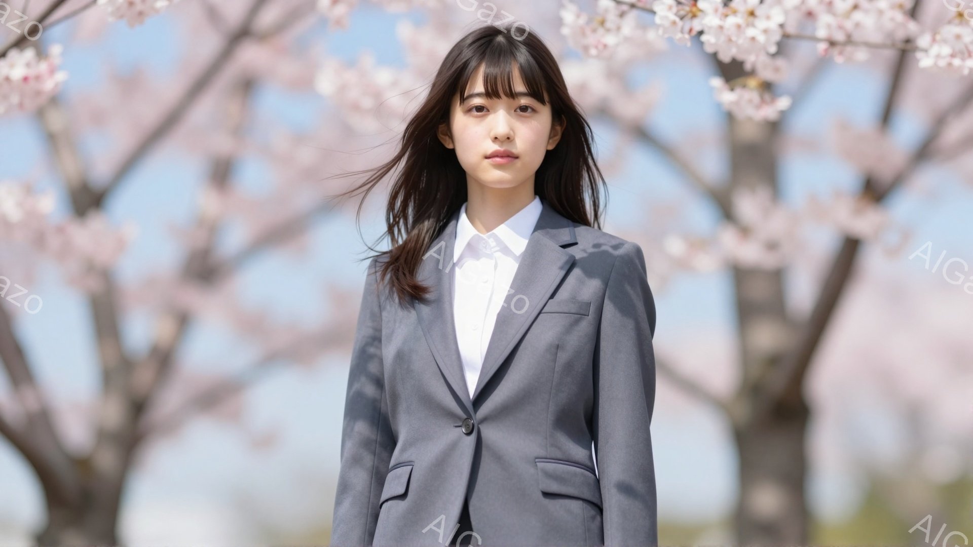 黒髪の女性が、桜並木の前に立っている。グレーのジャケットと白いシャツを着ており、少し微笑んでいる表情をしている。背景には、ぼやけた桜の花が咲き誇り、春の暖かく穏やかな雰囲気が漂っている。