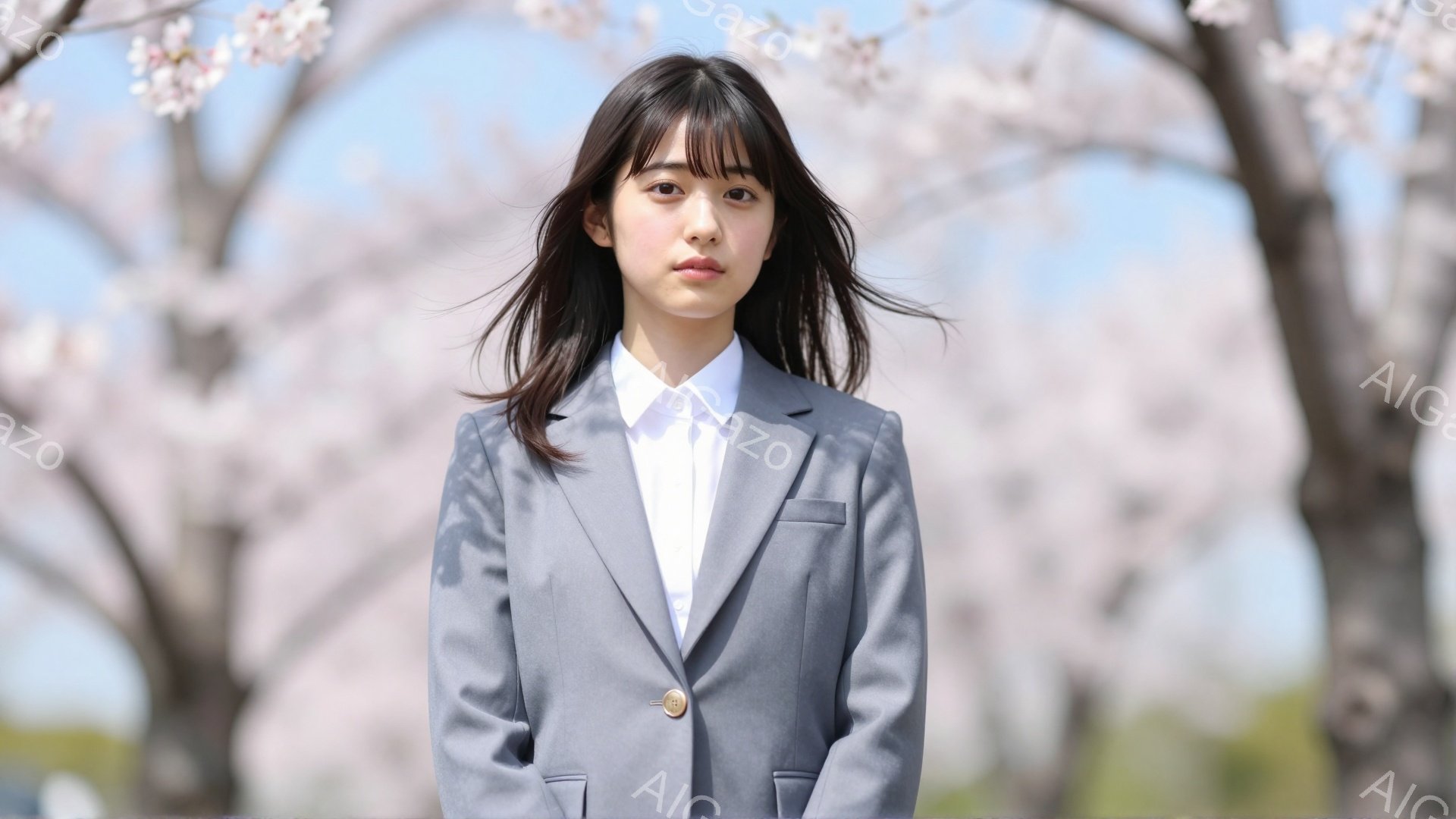 明るい日差しの中で、紺色のジャケットと白いシャツを着た女性が正面を見ている。彼女は黒髪で、前髪が少し流れている。背景には桜の木があり、春の穏やかな雰囲気が漂っている。