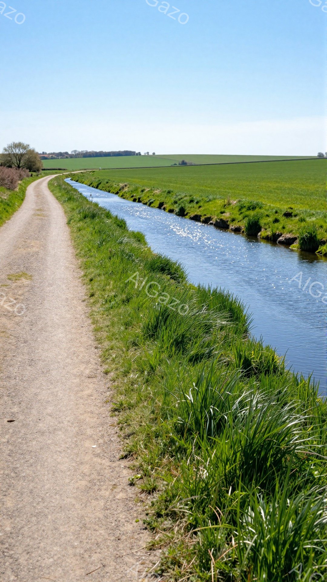 広大な緑の牧草地を横切る細い砂利道と水路が写っている。太陽光が水面で反射し、水路にきらめきを与え、明るく穏やかな雰囲気を醸し出している。遠くにはなだらかな丘が見え、平和で自然豊かな風景が広がっている。