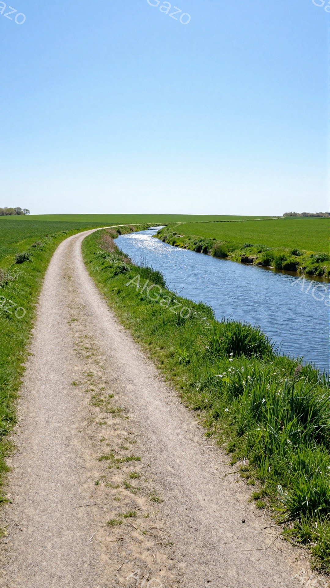 舗装された道が緑豊かな田園風景の中を蛇行し、水路と並行して続いている。空は晴れ、風景は穏やかで静かで、自然の美しさを強調している。日差しは暖かく、春または夏の日の雰囲気を醸し出している。 - AI生成フリー素材