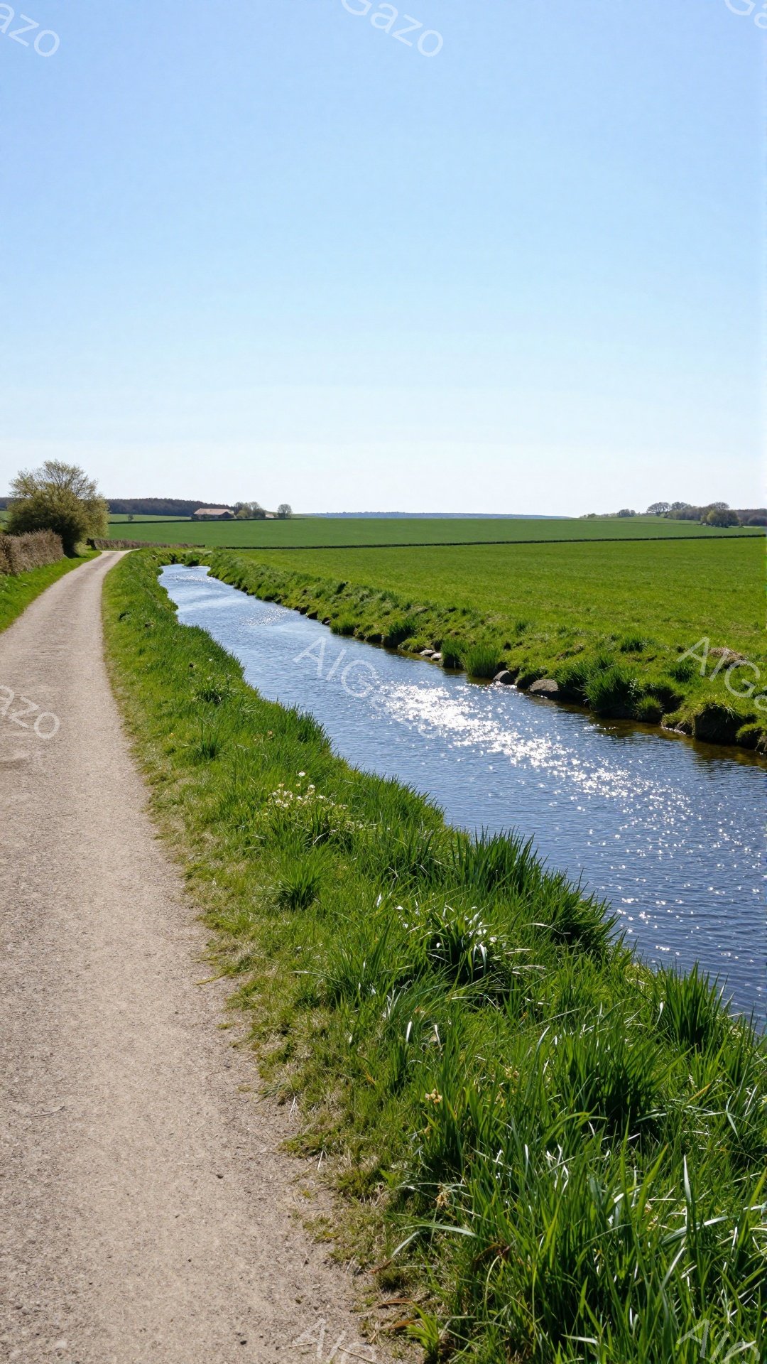牧草地と水路が広がる田園風景です。太陽光が水面に反射し、明るく穏やかな雰囲気を醸し出しています。左側には土の道が続き、のどかな自然を感じさせます。 - AI生成フリー素材