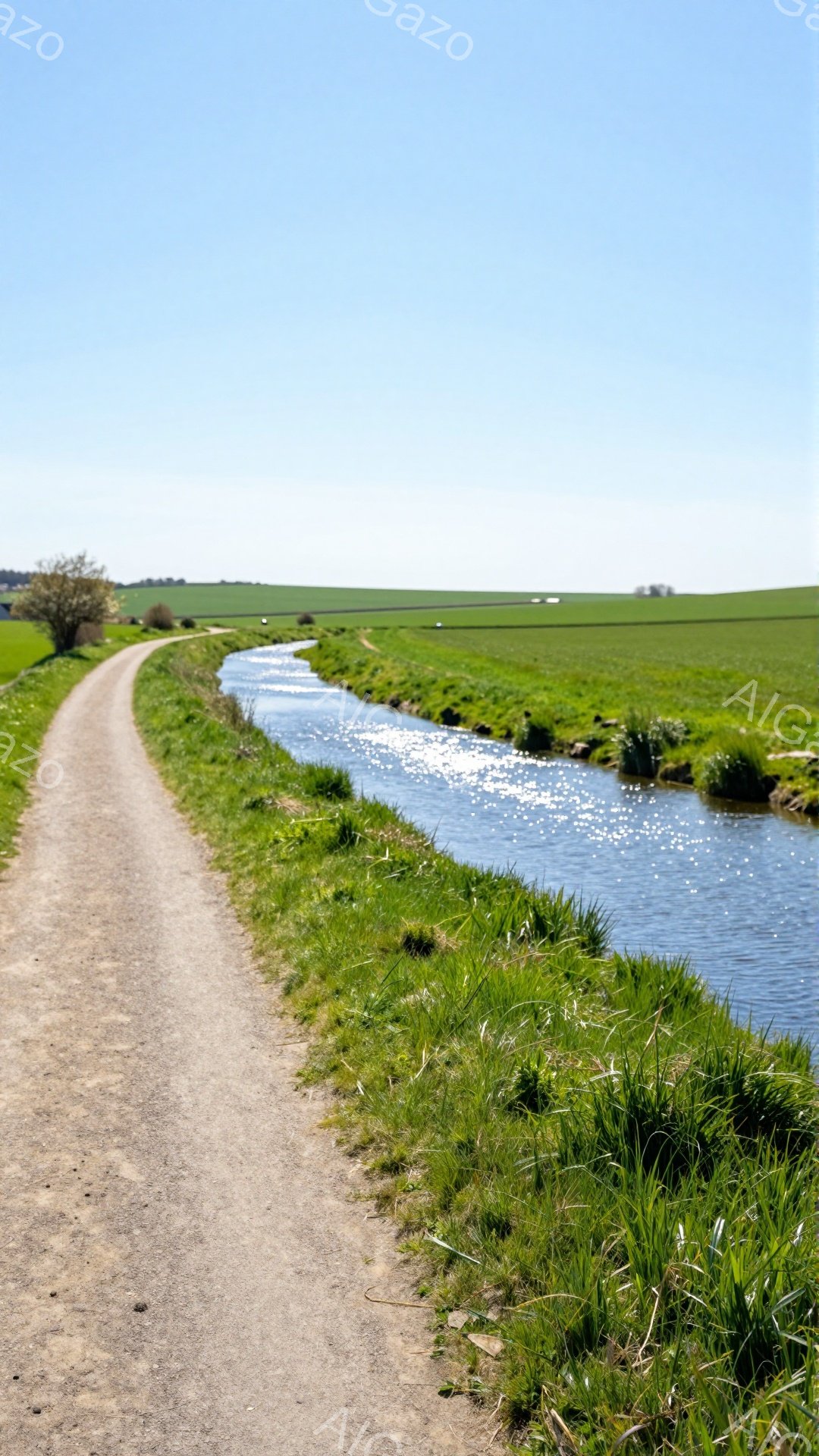 埃っぽい道が、緑豊かな田園風景の中を蛇行して伸びている。太陽の光が水面で反射し、水路がきらきらと輝いている。空は青く、穏やかな春の日の雰囲気が感じられる。 - AI生成フリー素材