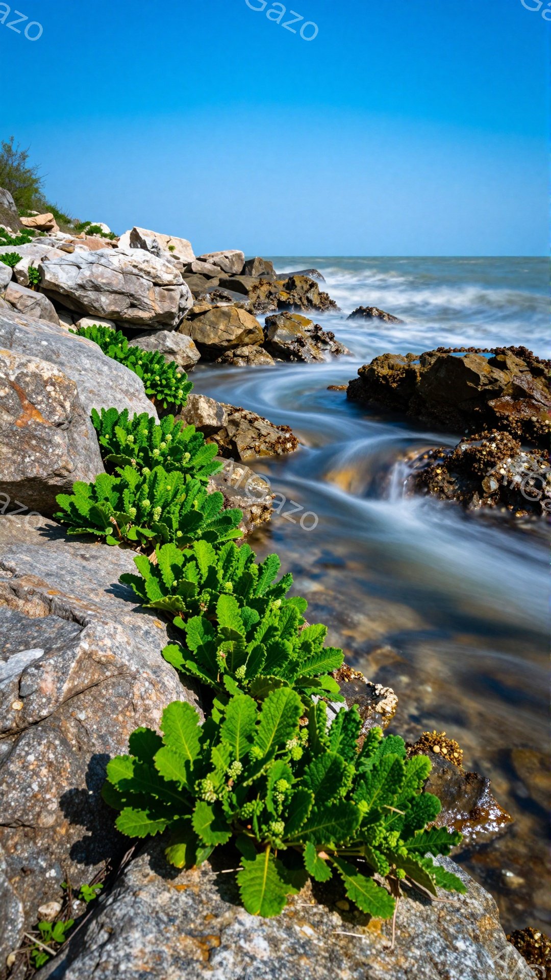 岩場の隙間に緑の植物が生い茂り、荒々しい海と対照的だ。水面は時間経過を捉えるようにぼやけており、自然の力強さと静寂が感じられる。青空と白い波が広がり、穏やかさと活気のある風景を作り出している。