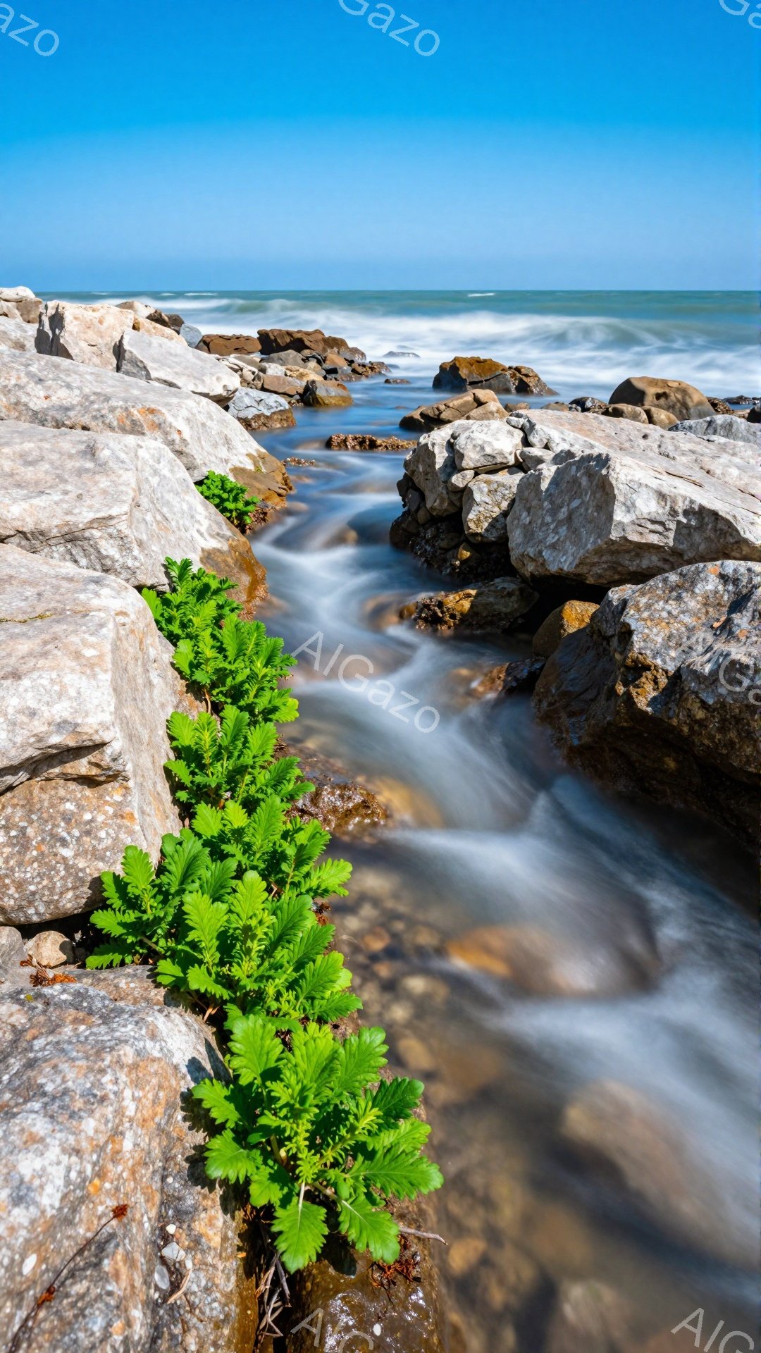 岩の間を流れる水が印象的な風景です。緑の植物が岩の隙間に生えており、そのコントラストが美しいです。背景には穏やかな海が広がり、静かで穏やかな雰囲気を醸し出しています。