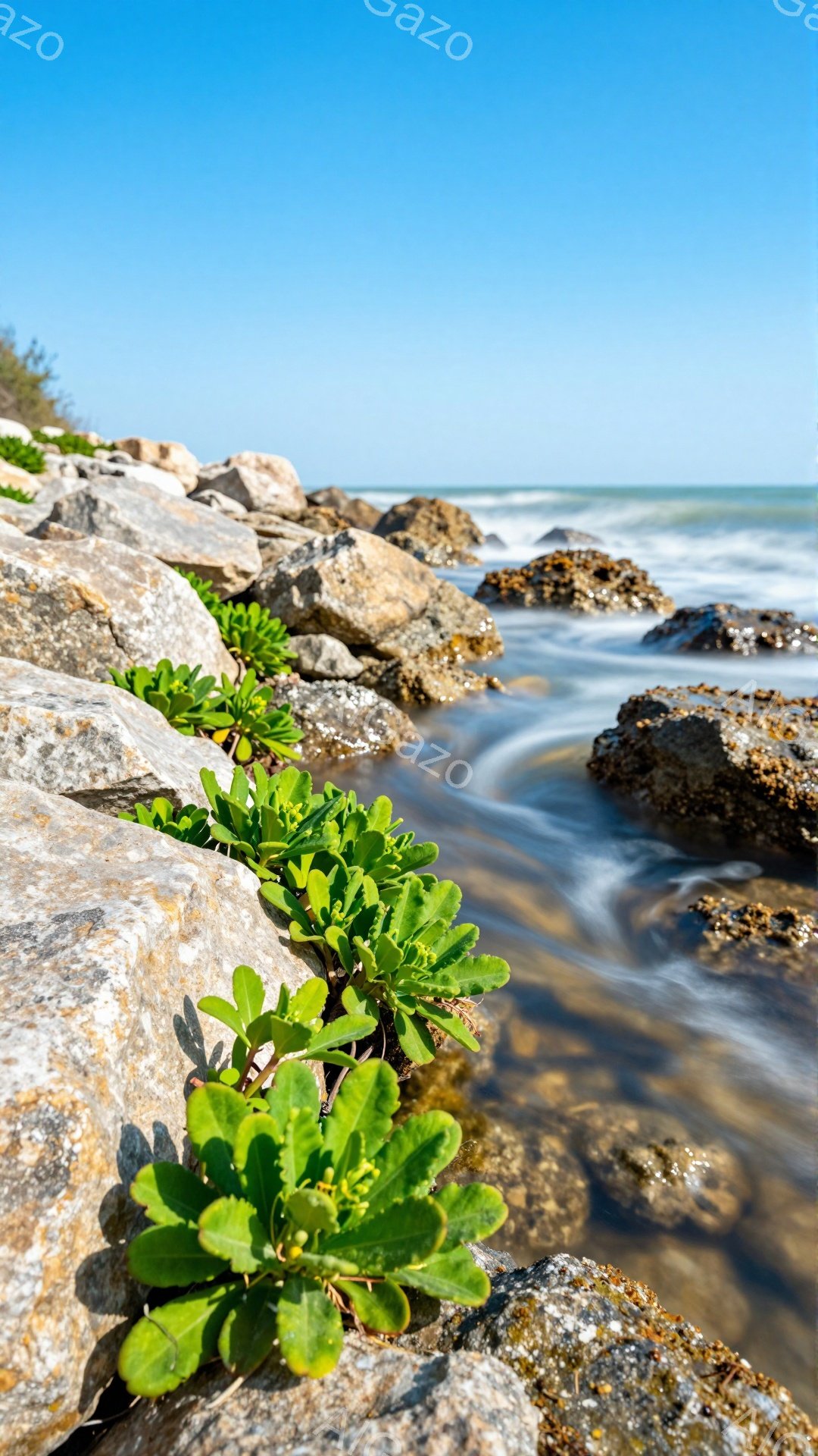 岩場に沿って流れ込む水面が印象的な風景です。緑色の植物が岩の隙間から顔を出し、生命力を感じさせます。穏やかな波が遠くで輝き、静かで穏やかな雰囲気を醸し出しています。