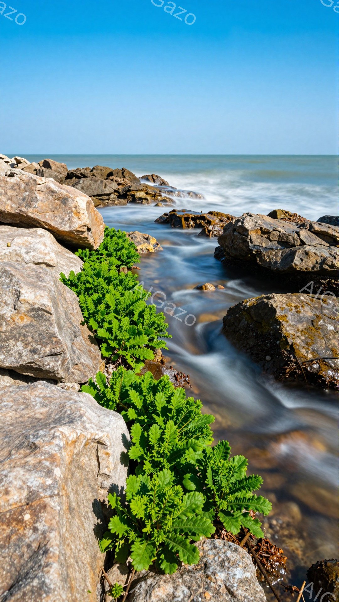 岩の隙間を流れる水が、滑らかで幻想的な様子を描いている。岸辺には緑色の植物が生い茂り、岩肌とのコントラストが美しい。晴れた空と穏やかな波が、静かで平和な雰囲気を醸し出している。