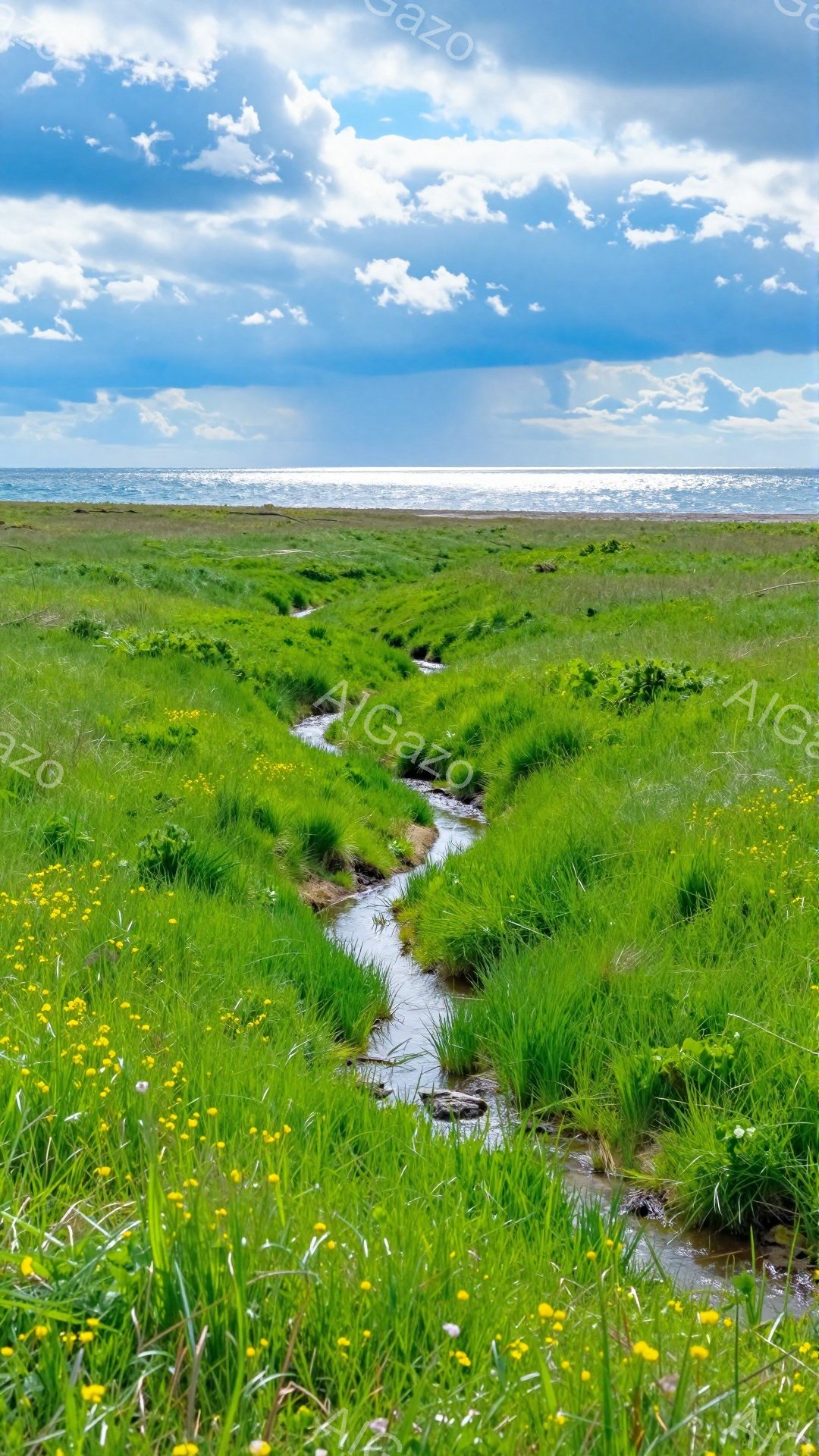 鮮やかな緑の草が生い茂る湿地帯を、細い水路が縫うように流れている。空は雲が多く、地平線には海が広がり、穏やかで静寂な雰囲気が漂う。水路の脇には小さな黄色い花が点在し、自然の美しさを引き立てている。 - AI生成フリー素材
