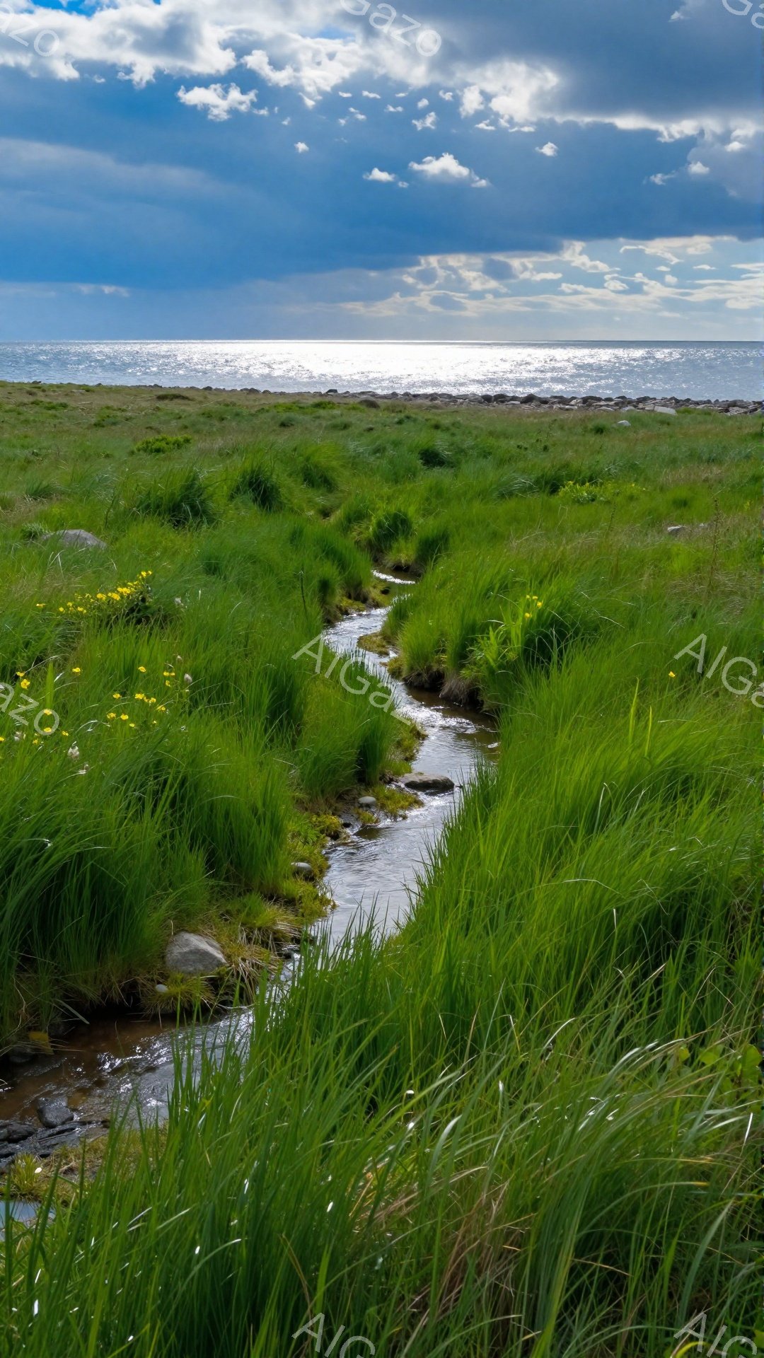 青々とした草原の中を小川が流れており、遠くには穏やかな海が見える。空は雲が多く、光と影が草原と海にドラマチックなコントラストを生み出している。自然の息吹を感じさせる、静かで美しい風景だ。 - AI生成フリー素材
