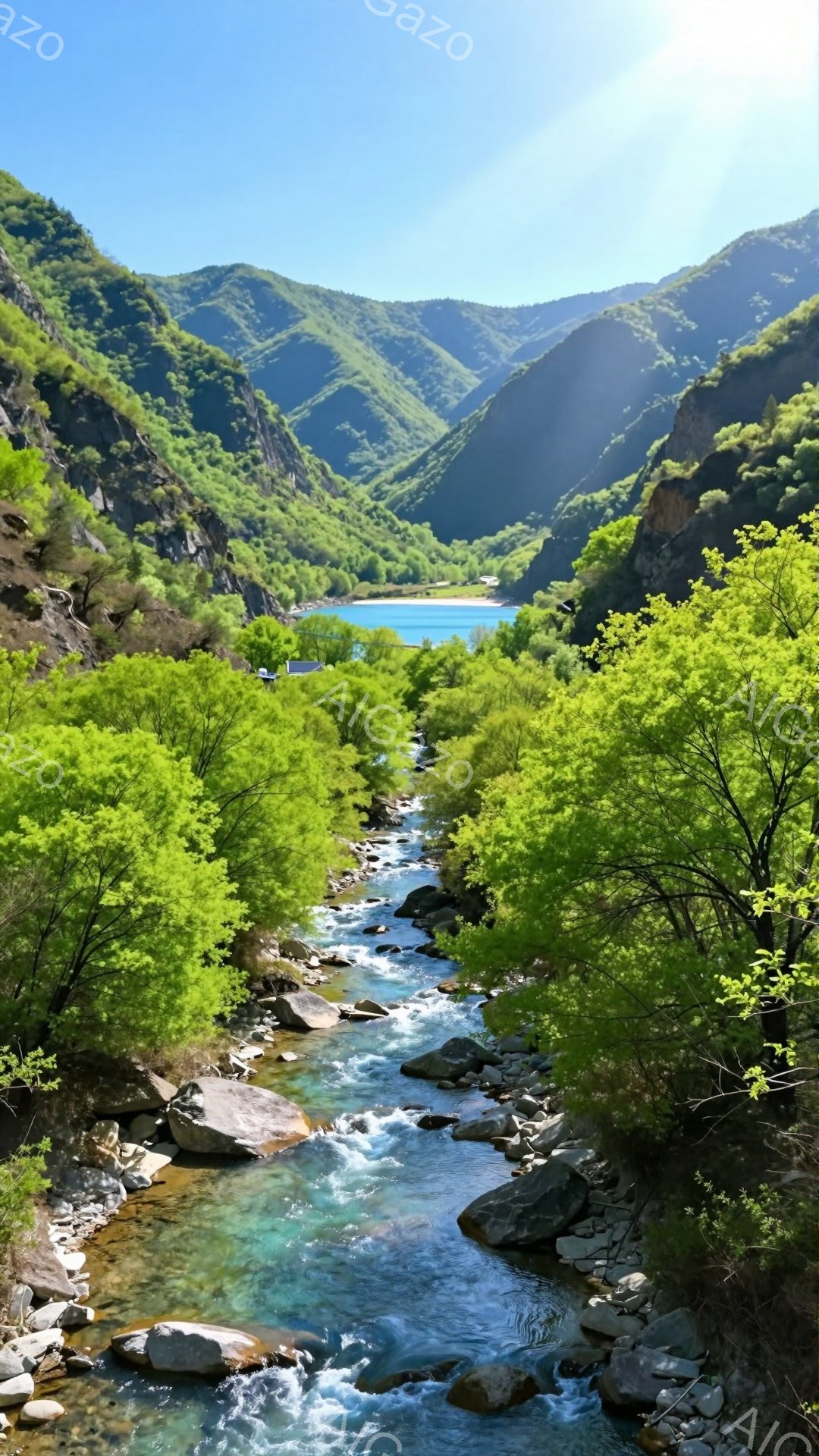 緑豊かな山々に囲まれた渓流が、澄んだ青い湖へと流れ込んでいます。太陽の光が水面を照らし、生き生きとした自然の美しさを引き立てています。木々の緑と水の青色のコントラストが、静かで穏やかな雰囲気を醸し出し - AI生成フリー素材