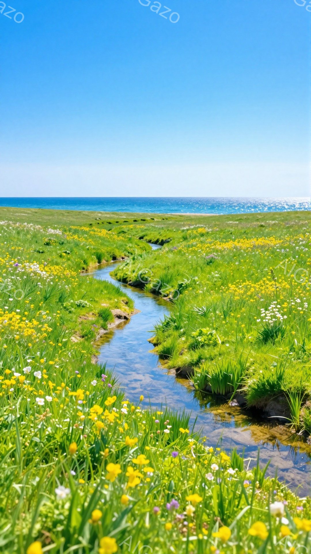 広大な草原を蛇行する小川が印象的な風景です。鮮やかな緑の草と黄色い花々が咲き乱れ、背景には青い海が広がっています。穏やかで平和な雰囲気を感じさせます。 - AI生成フリー素材