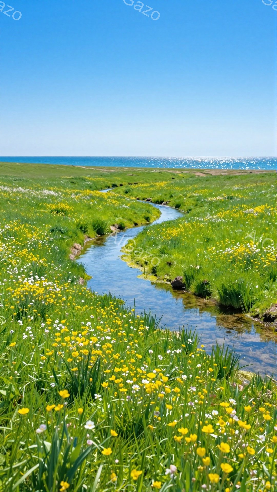広大な草原を小川が蛇行し、黄色と白の花々が咲き乱れている。背景には穏やかな海が広がり、空は晴れ渡っている。自然の美しさと静けさを感じる風景だ。 - AI生成フリー素材